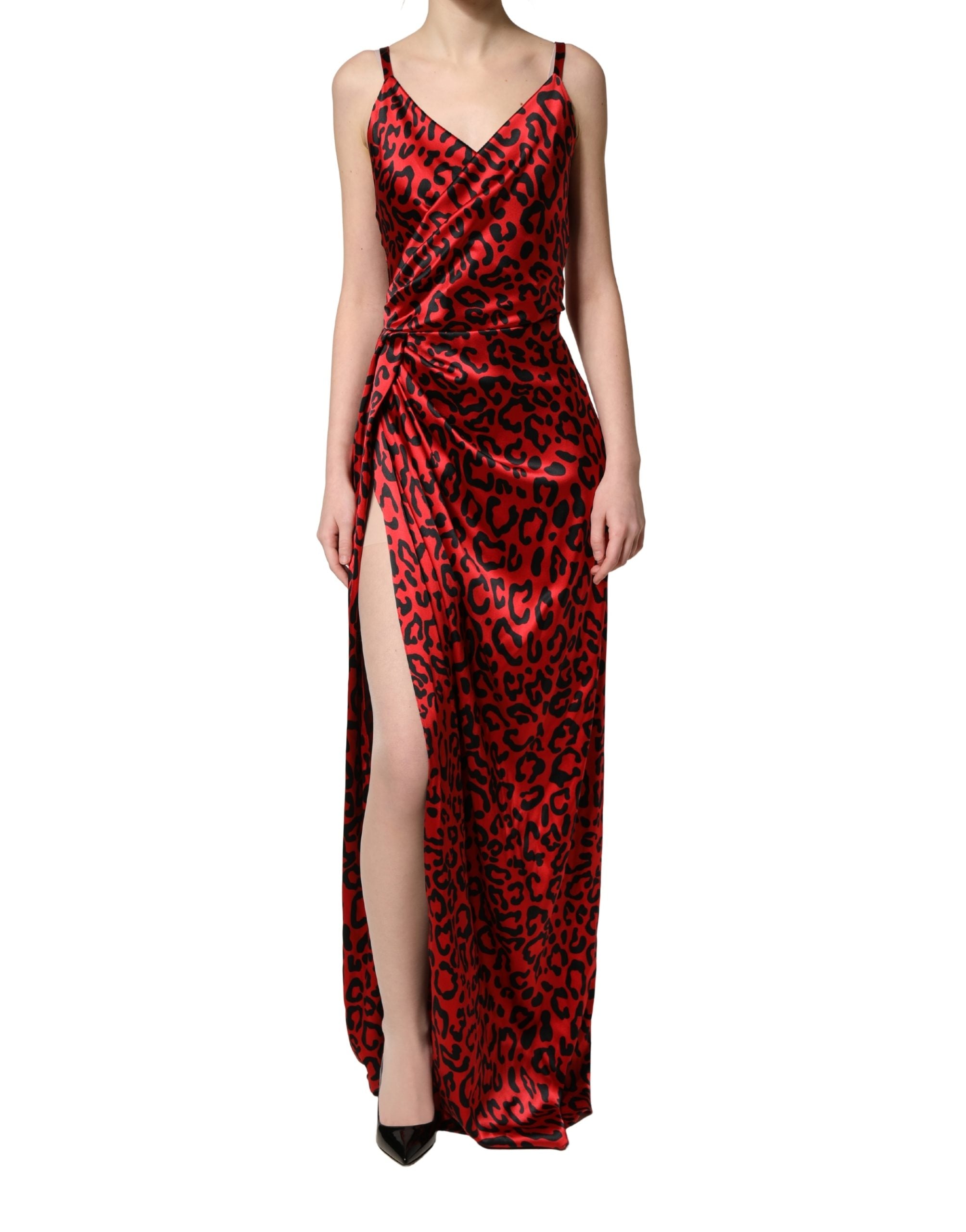 Dolce & Gabbana Red Leopard Print Silk Side Slit Maxi Dress