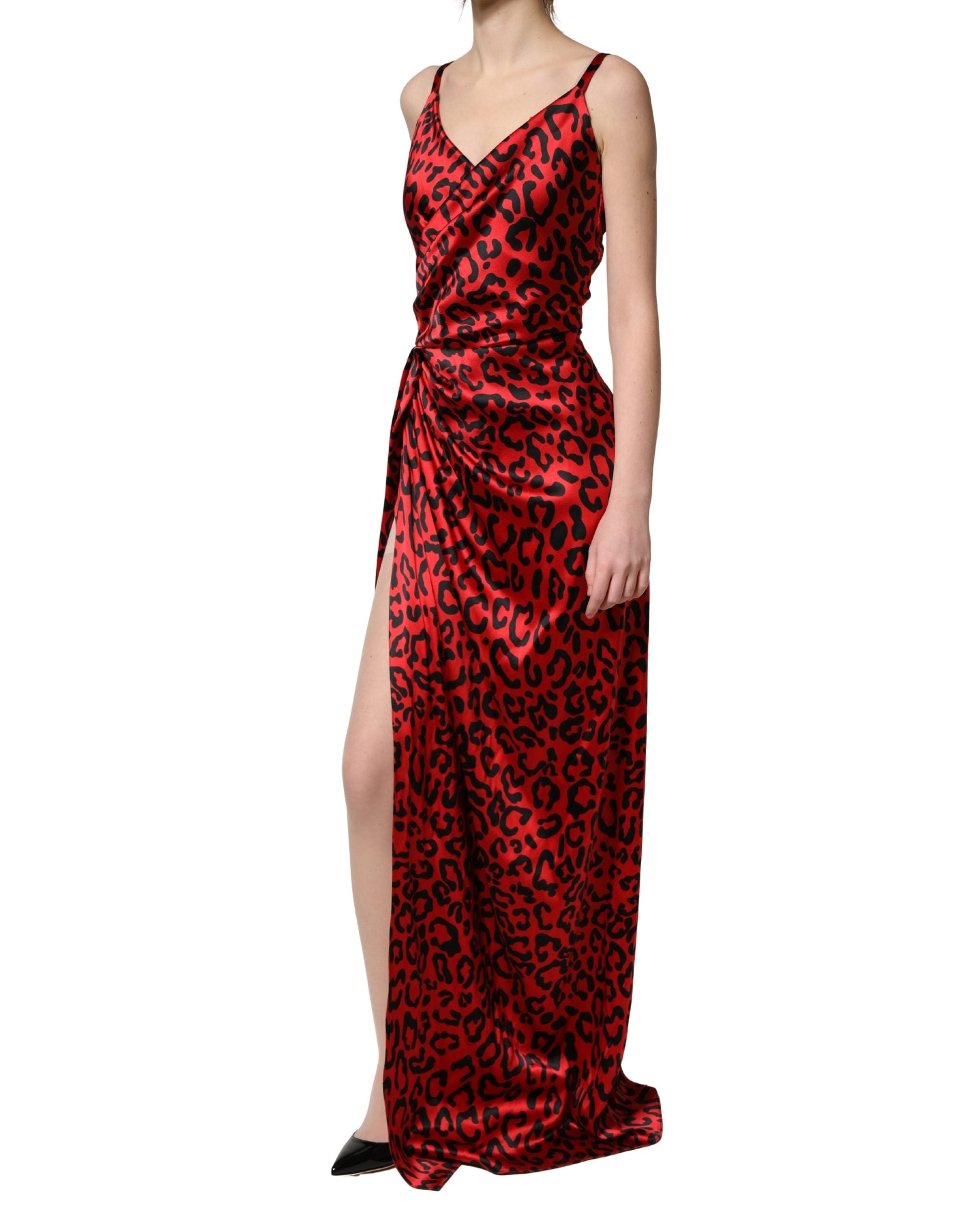 Dolce & Gabbana Red Leopard Print Silk Side Slit Maxi Dress