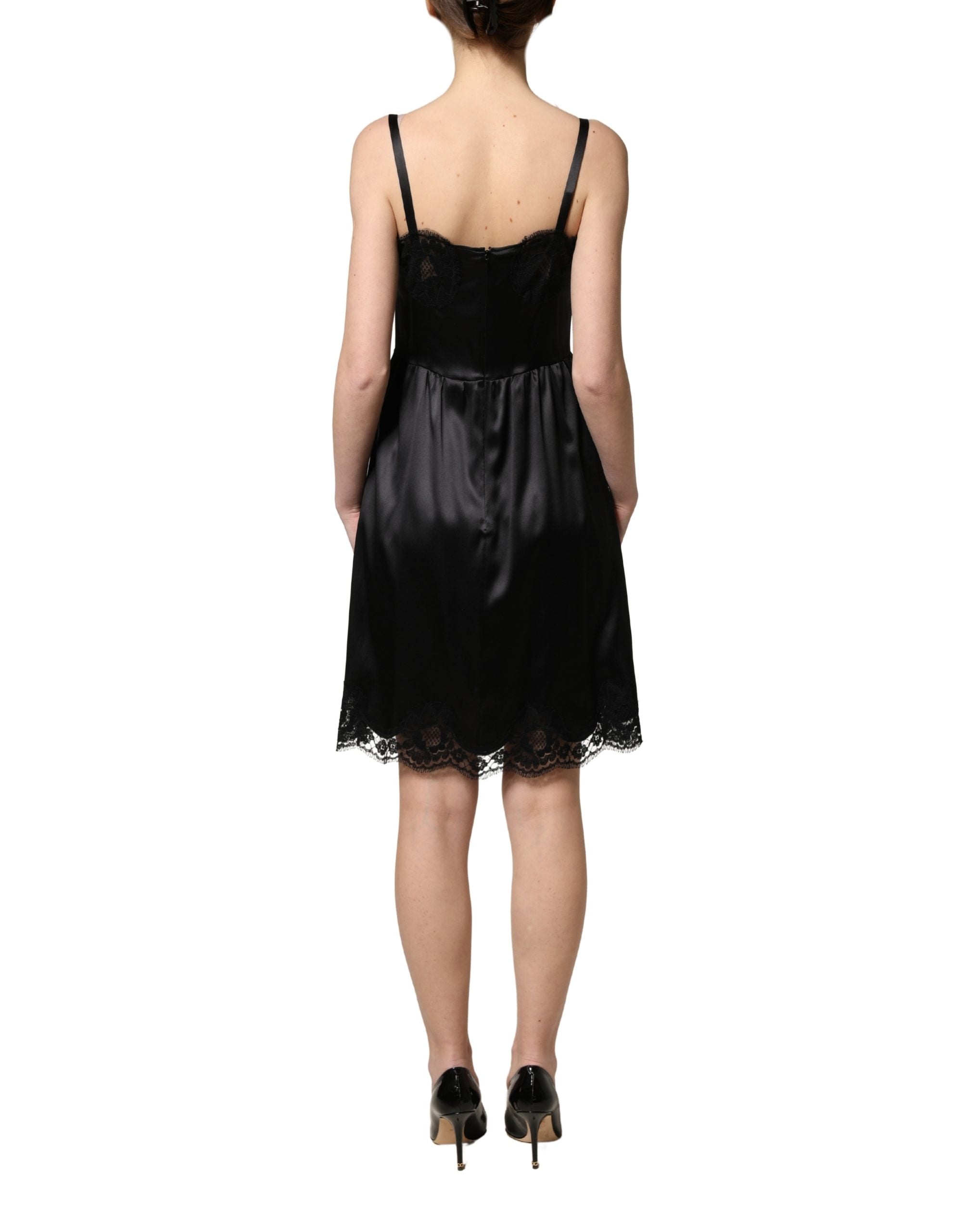 Dolce & Gabbana Black Silk Satin Lace Sleeveless Mini Dress