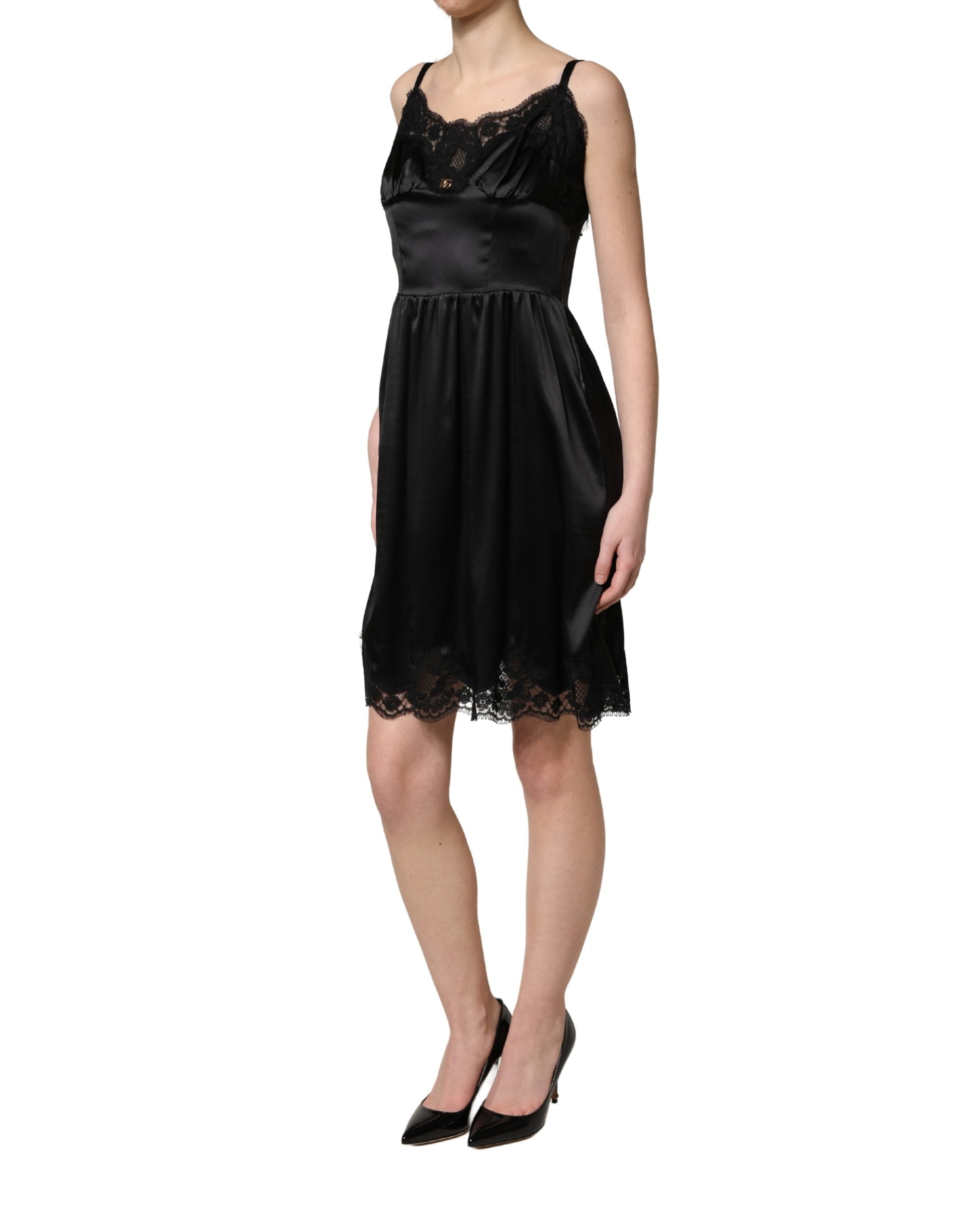 Dolce & Gabbana Black Silk Satin Lace Sleeveless Mini Dress