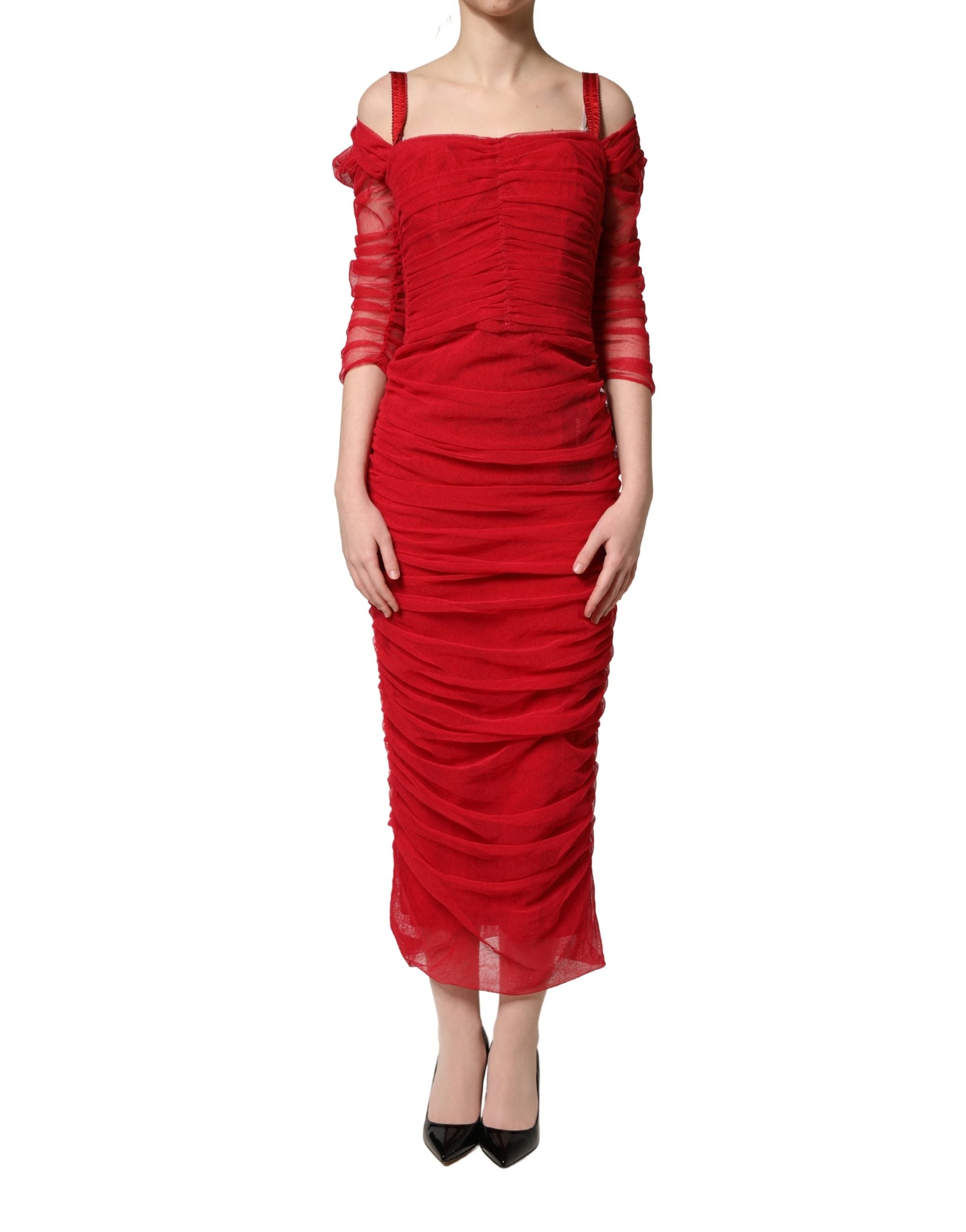 Dolce & Gabbana Red Cotton Ruched Stretch Tulle Midi Dress