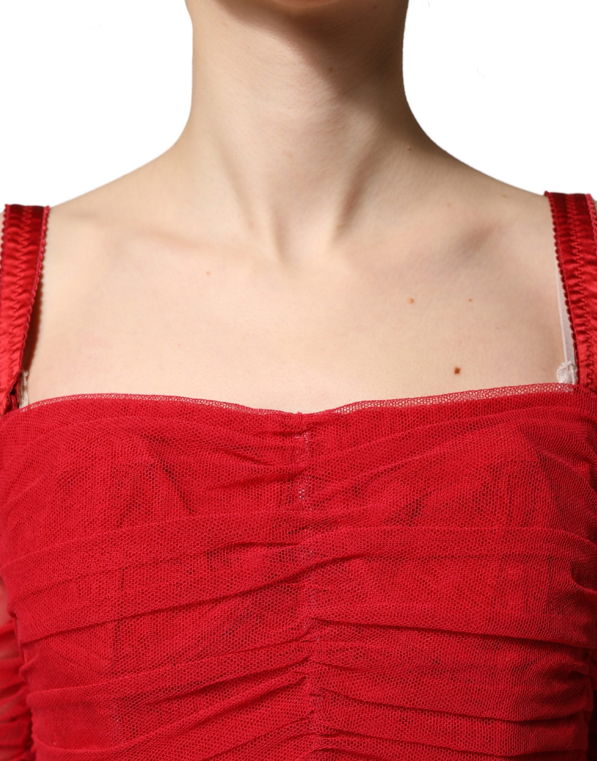 Dolce & Gabbana Red Cotton Ruched Stretch Tulle Midi Dress