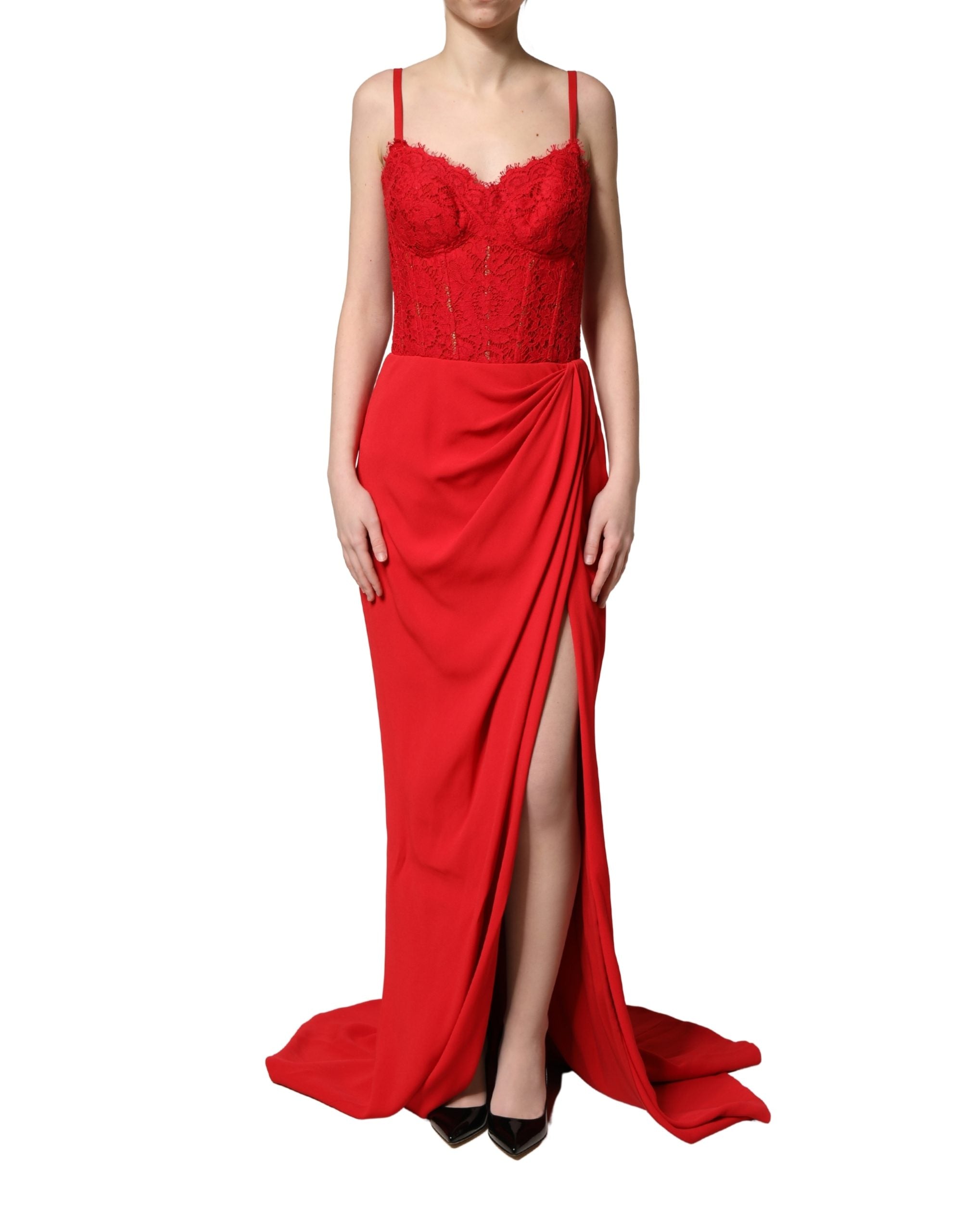 Dolce & Gabbana Red Corset Lace Bodice Draped Long Gown Dress