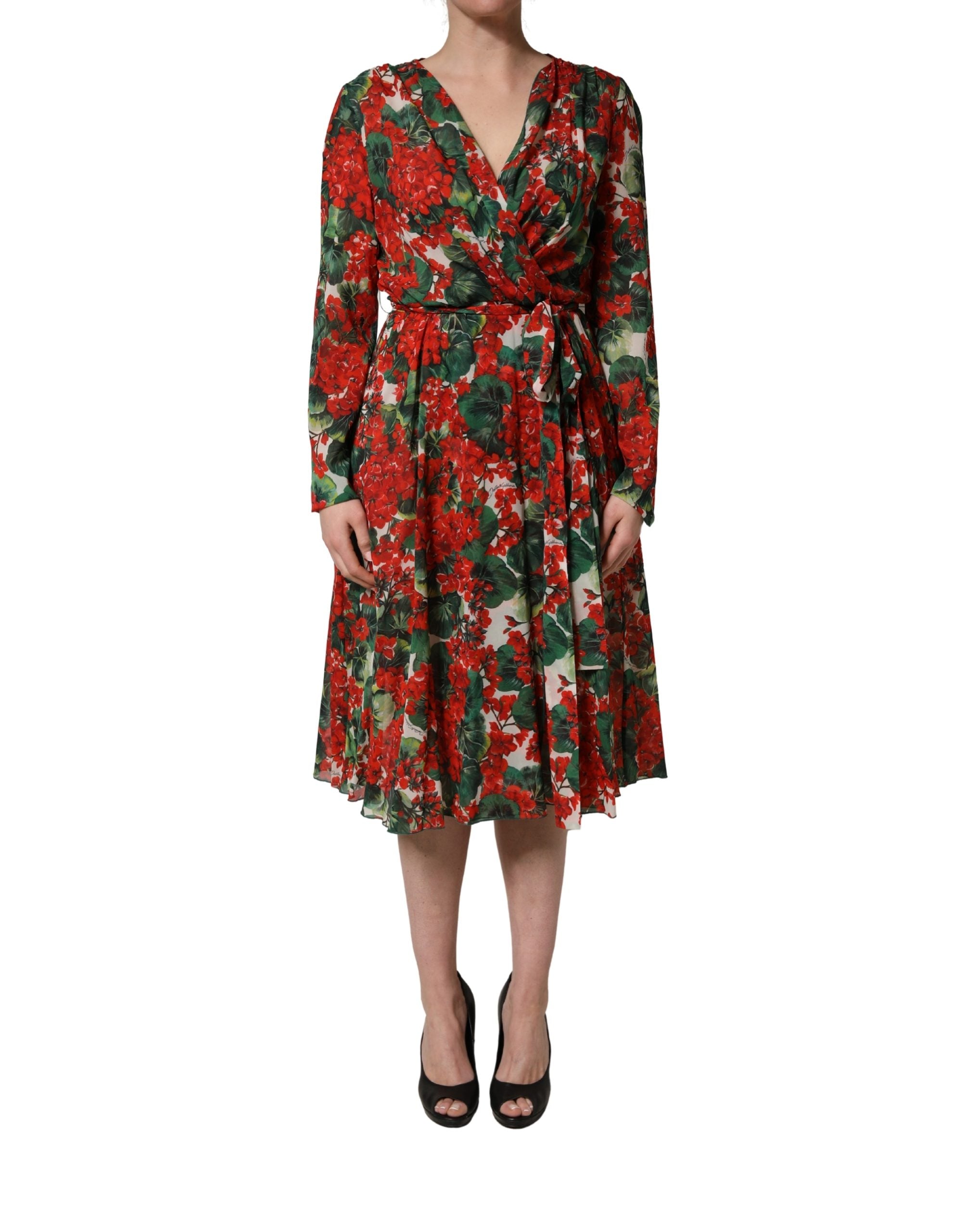 Dolce & Gabbana Multicolor Floral Long Sleeves V-neck Dress