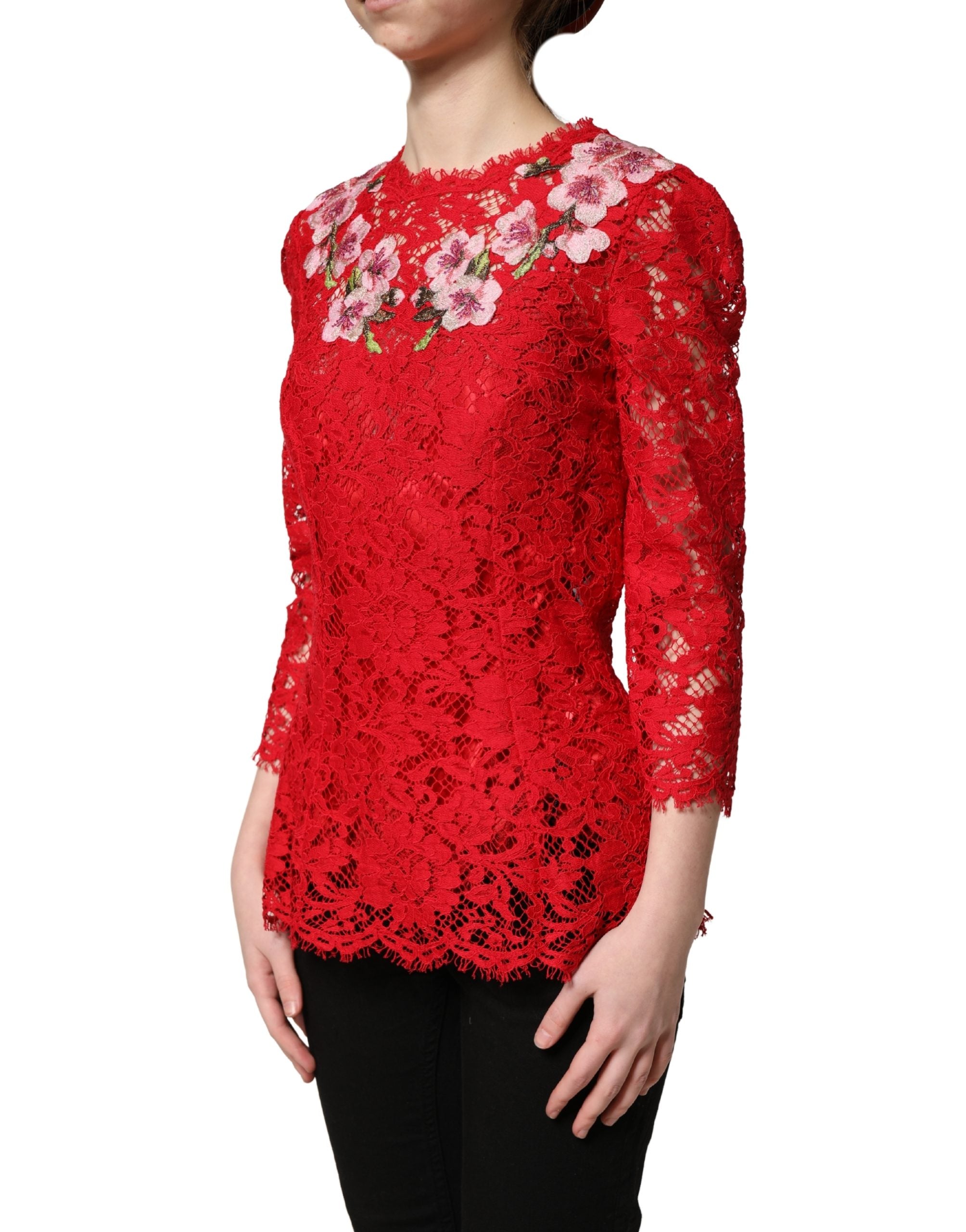 Dolce & Gabbana Red Lace Floral Embroidery Long Sleeves Top
