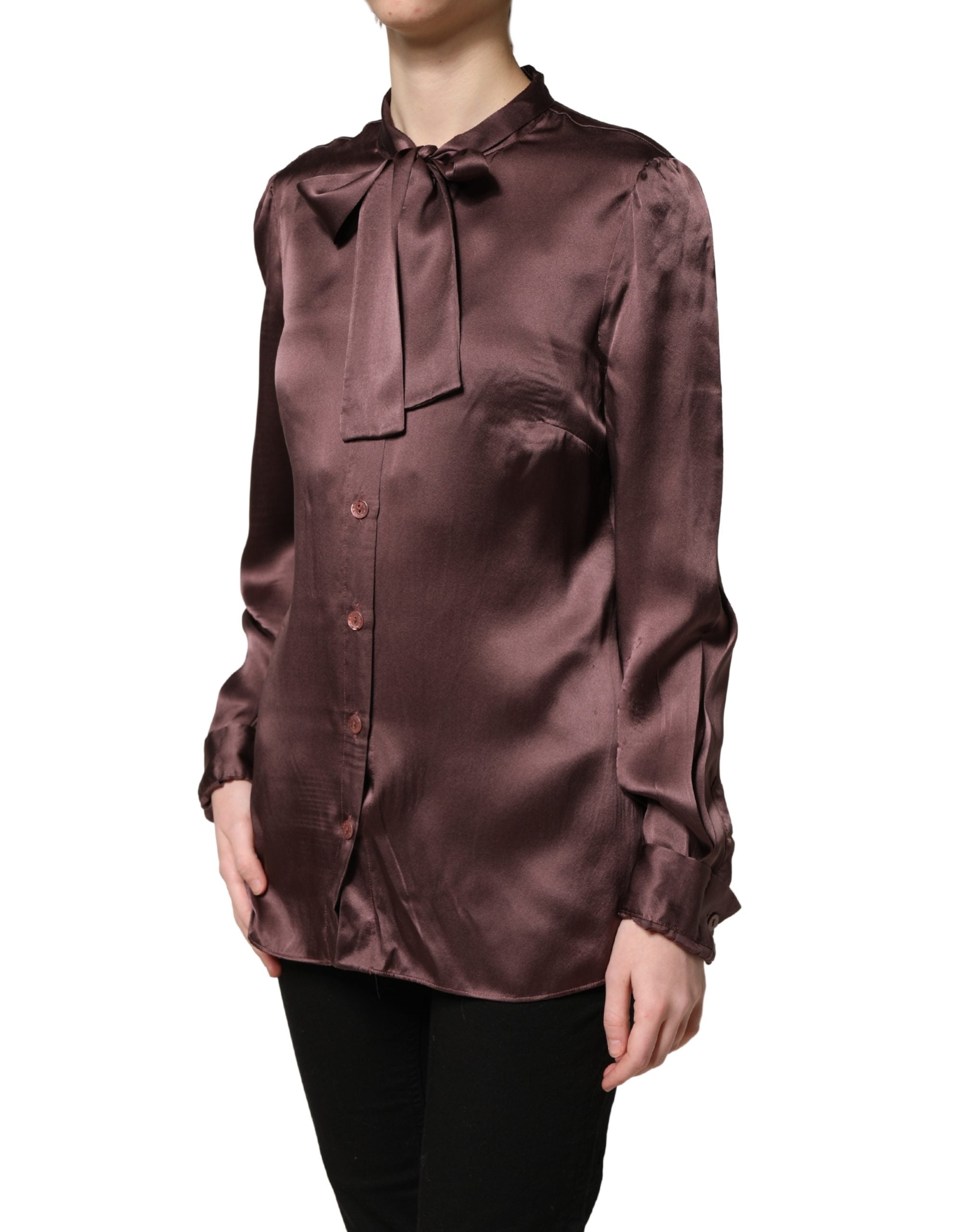 Dolce & Gabbana Violet Satin Long Sleeve Ascot Tie Shirt Top
