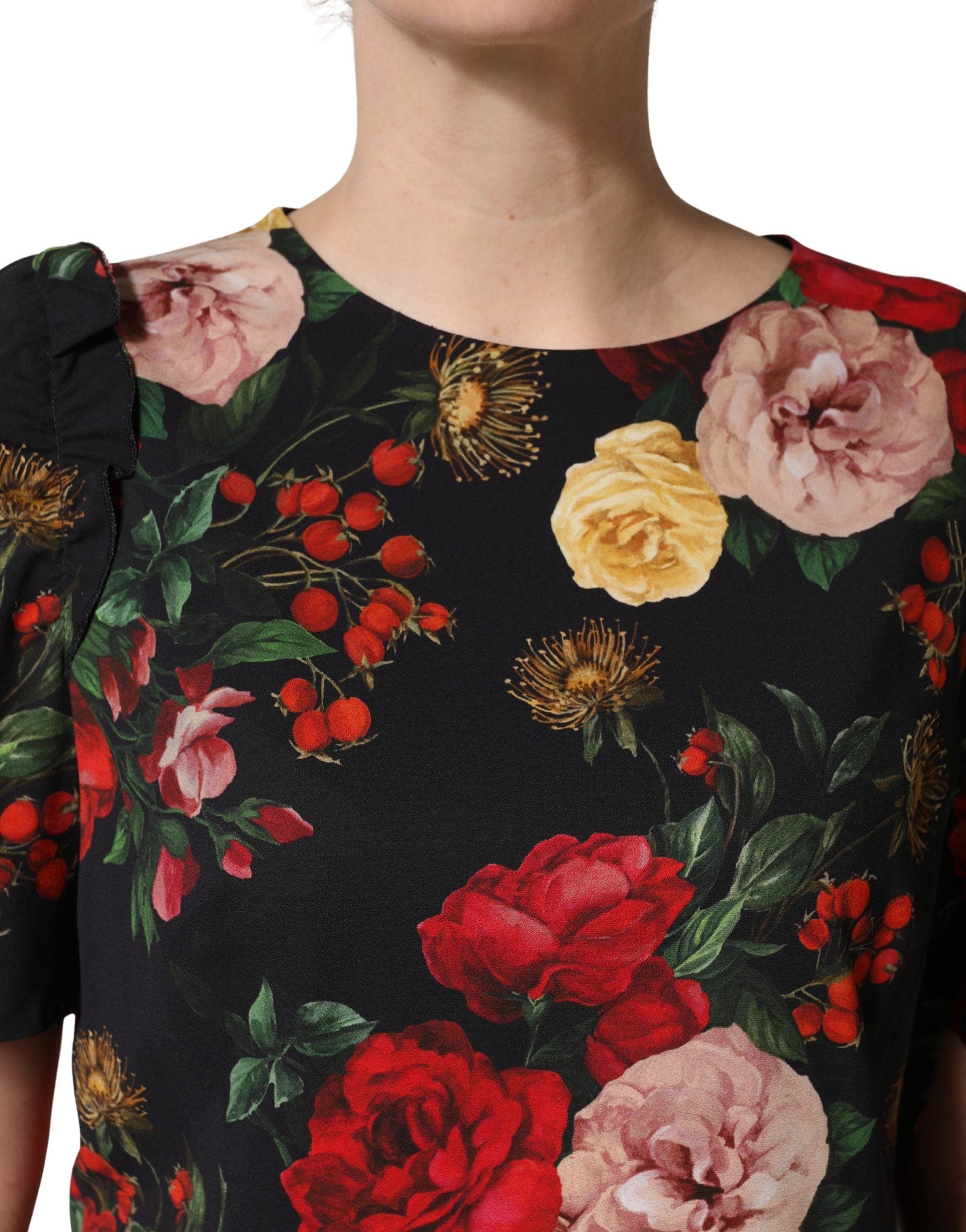 Dolce & Gabbana Black Floral Crepe Frill Detail Blouse Top