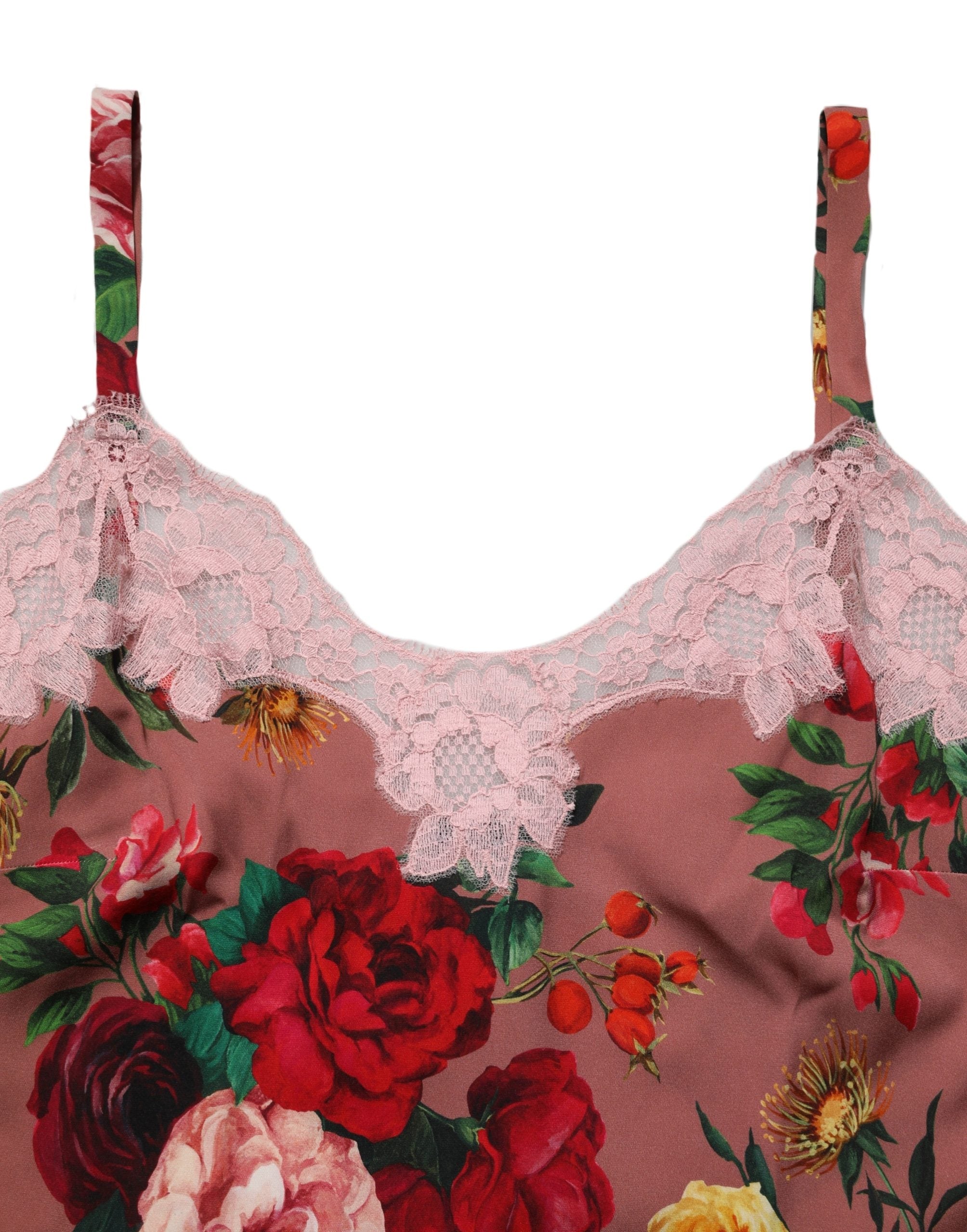 Dolce & Gabbana Brown Rose Print Satin Lace Camisole Tank Top
