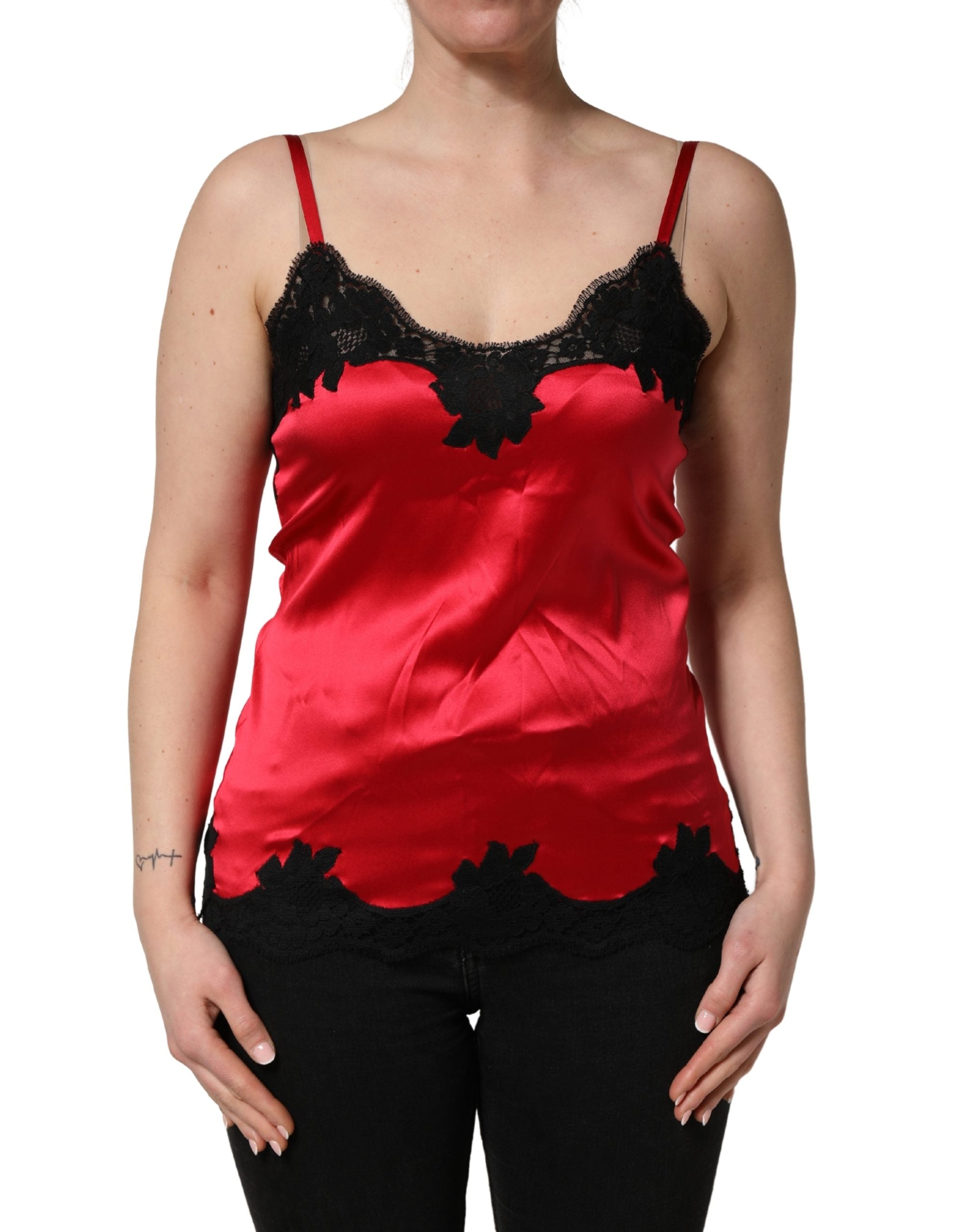 Dolce & Gabbana Red Silk Lace Trim Camisole Sleeveless Tank Top