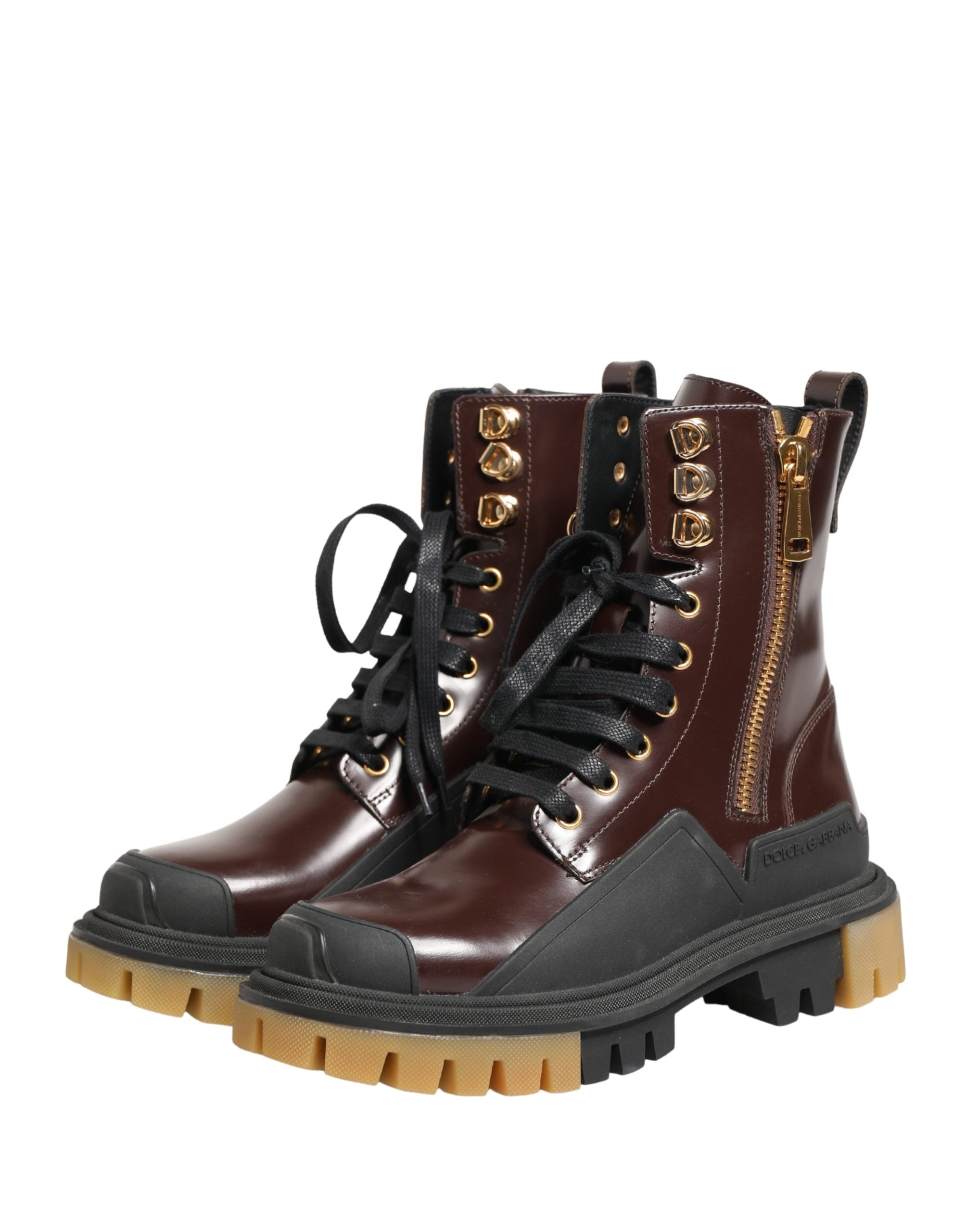 Dolce & Gabbana Maroon Leather Lace Up Biker Boots Shoes