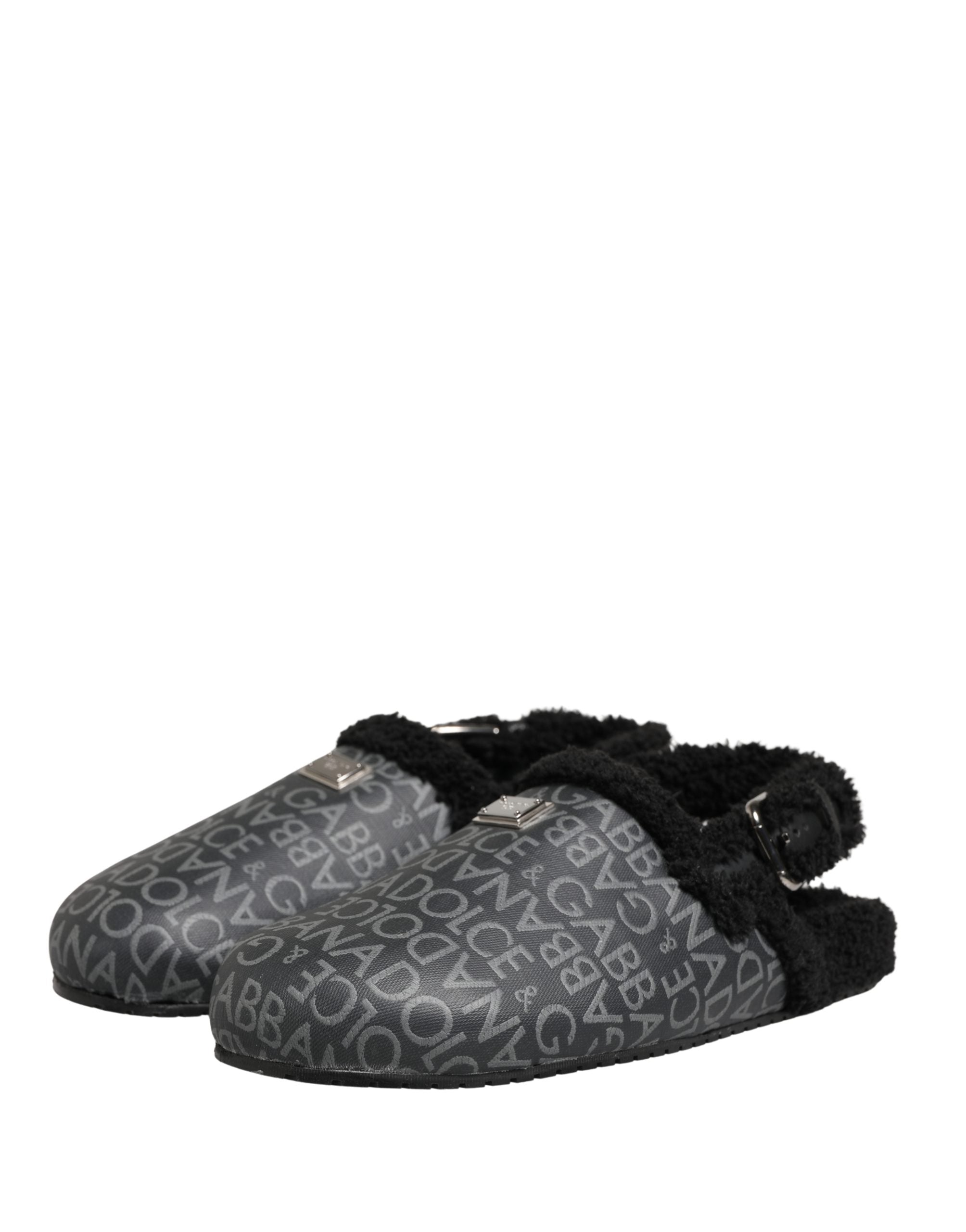 Dolce & Gabbana Gray Faux Fur Jacquard Mules Sandals Shoes