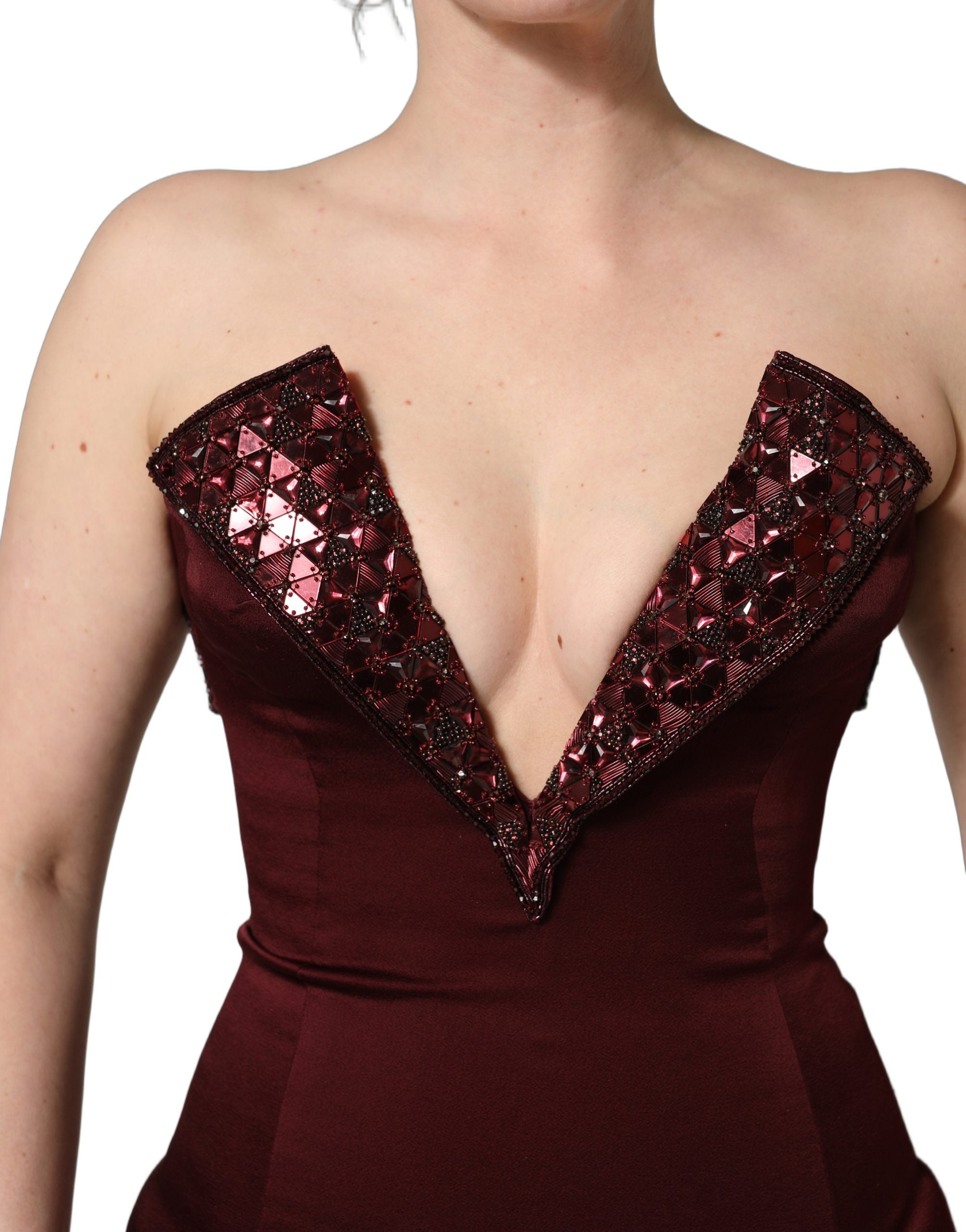 Dolce & Gabbana Maroon Embellished Vneck Evening Gown Dress