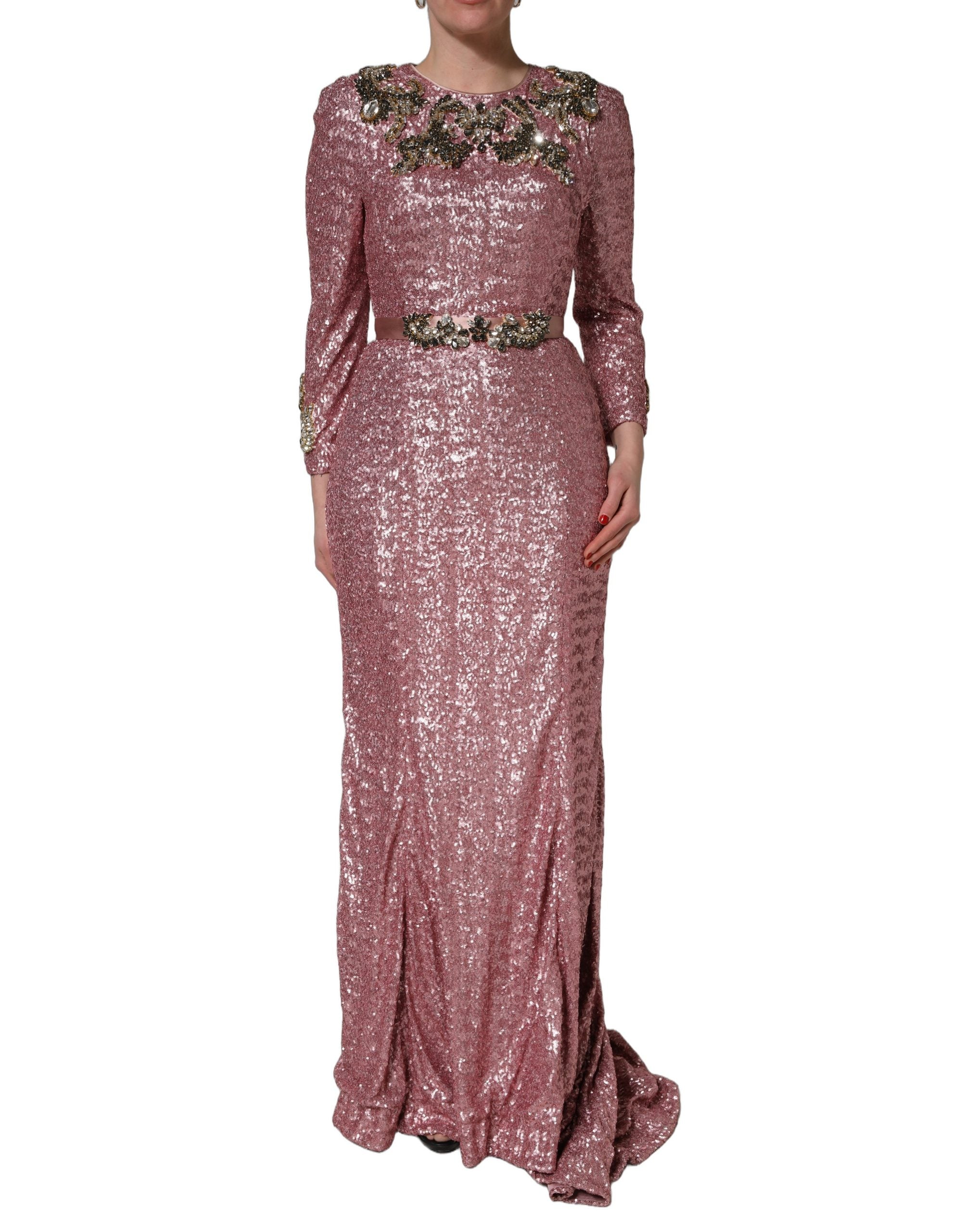 Dolce & Gabbana Pink Embellished Sequined Evening Gown Dress