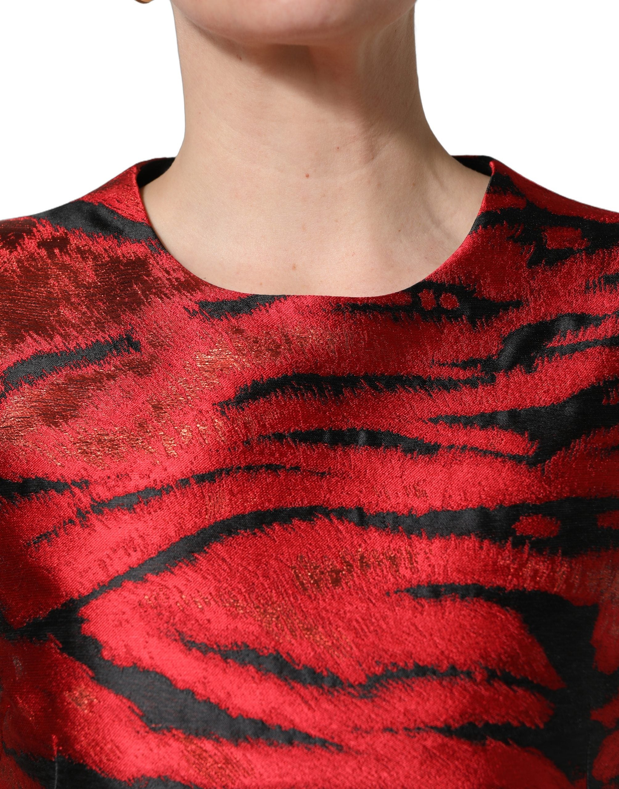 Dolce & Gabbana Red Black Tiger Print Jacquard Flared Dress