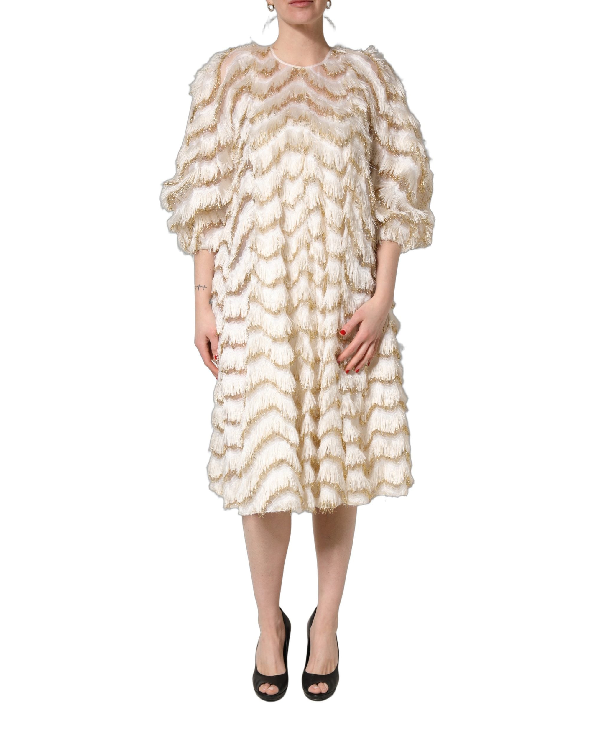Dolce & Gabbana Ivory Fringe Layered Shift Midi Dress