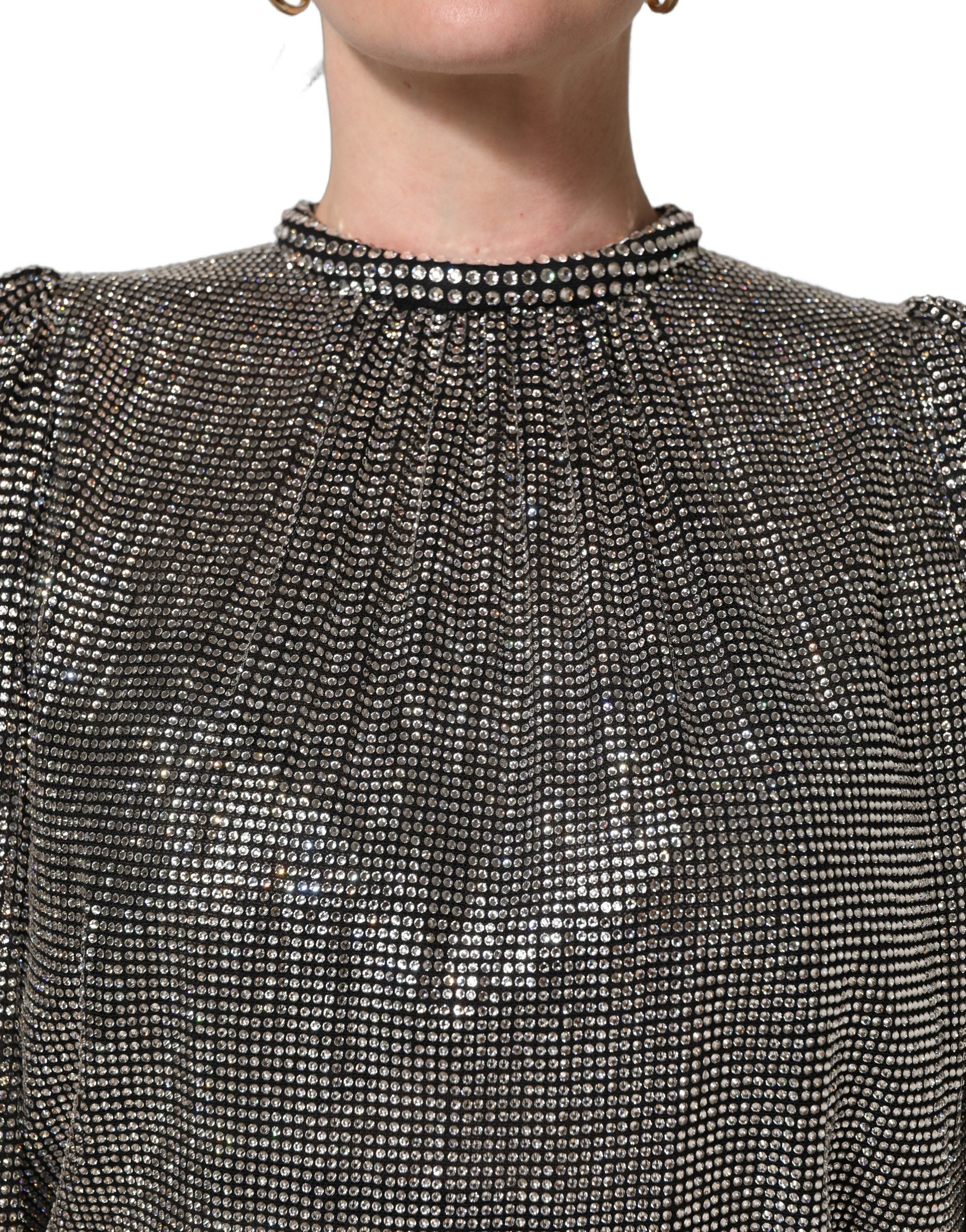 Dolce & Gabbana Silver Rhinestones Long Sleeves Bodysuit Mini Dress