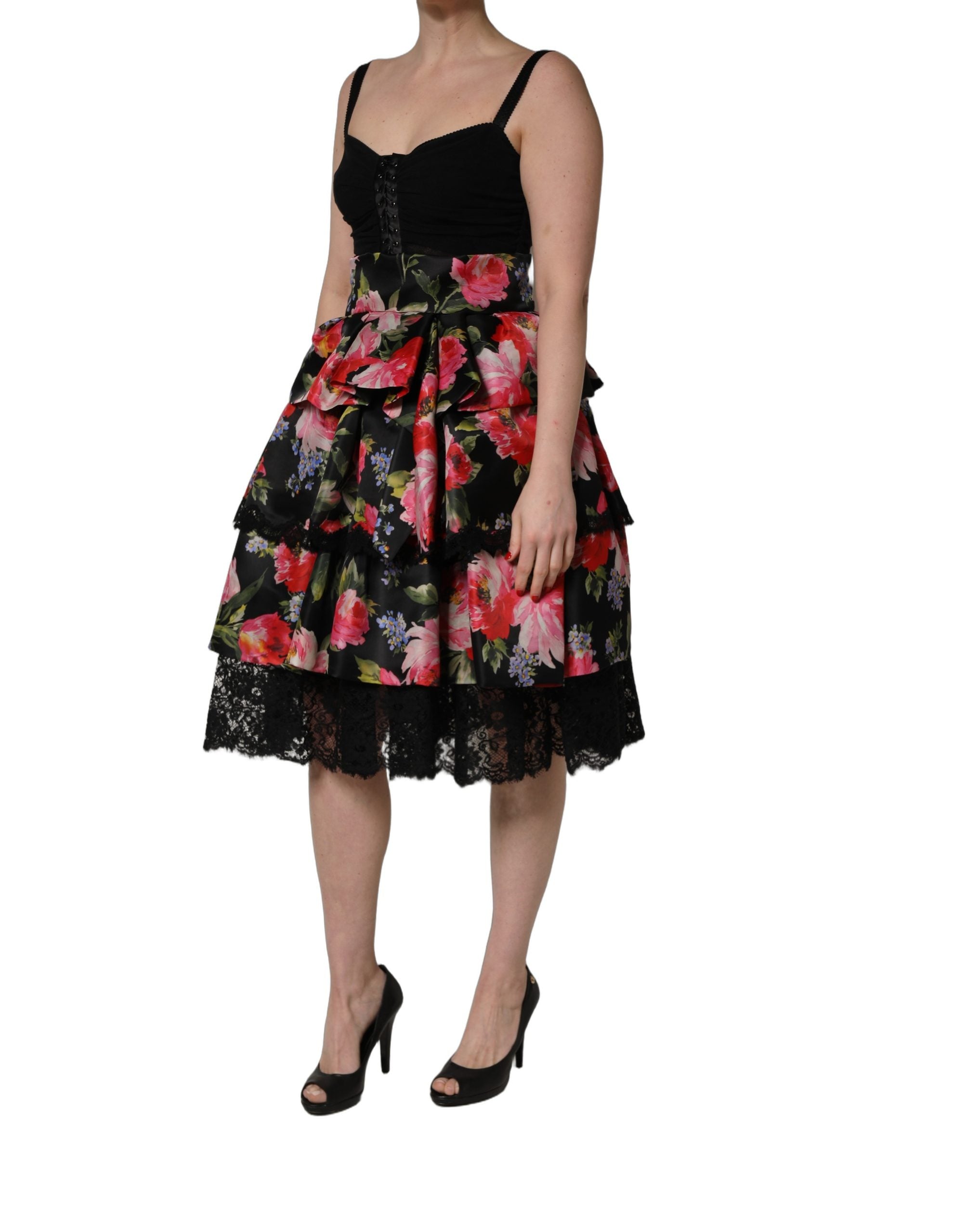 Dolce & Gabbana Black Sleeveless Bustier Floral Print Tiered Dress