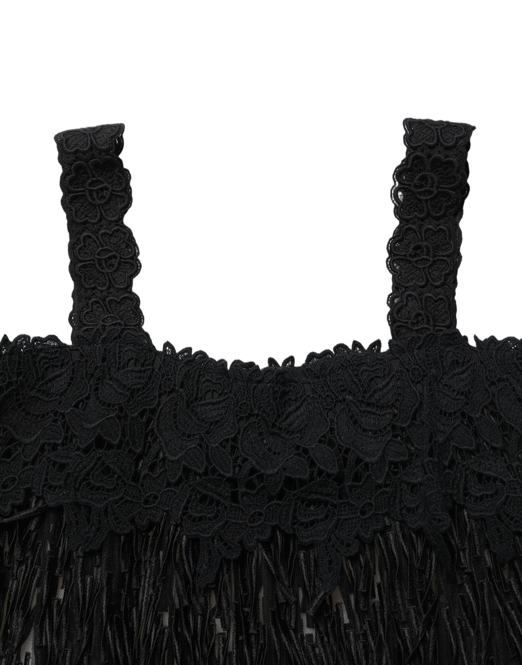 Dolce & Gabbana Black Viscose Fringed Sleeveless Mini Dress