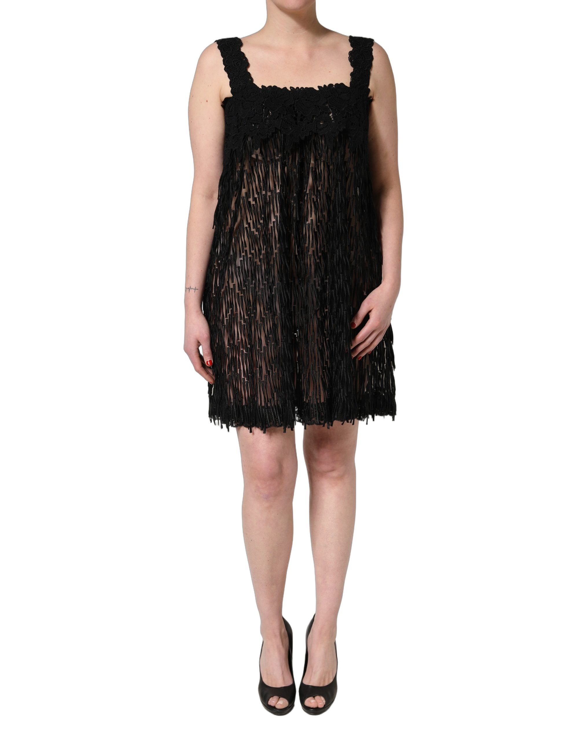 Dolce & Gabbana Black Viscose Fringed Sleeveless Mini Dress