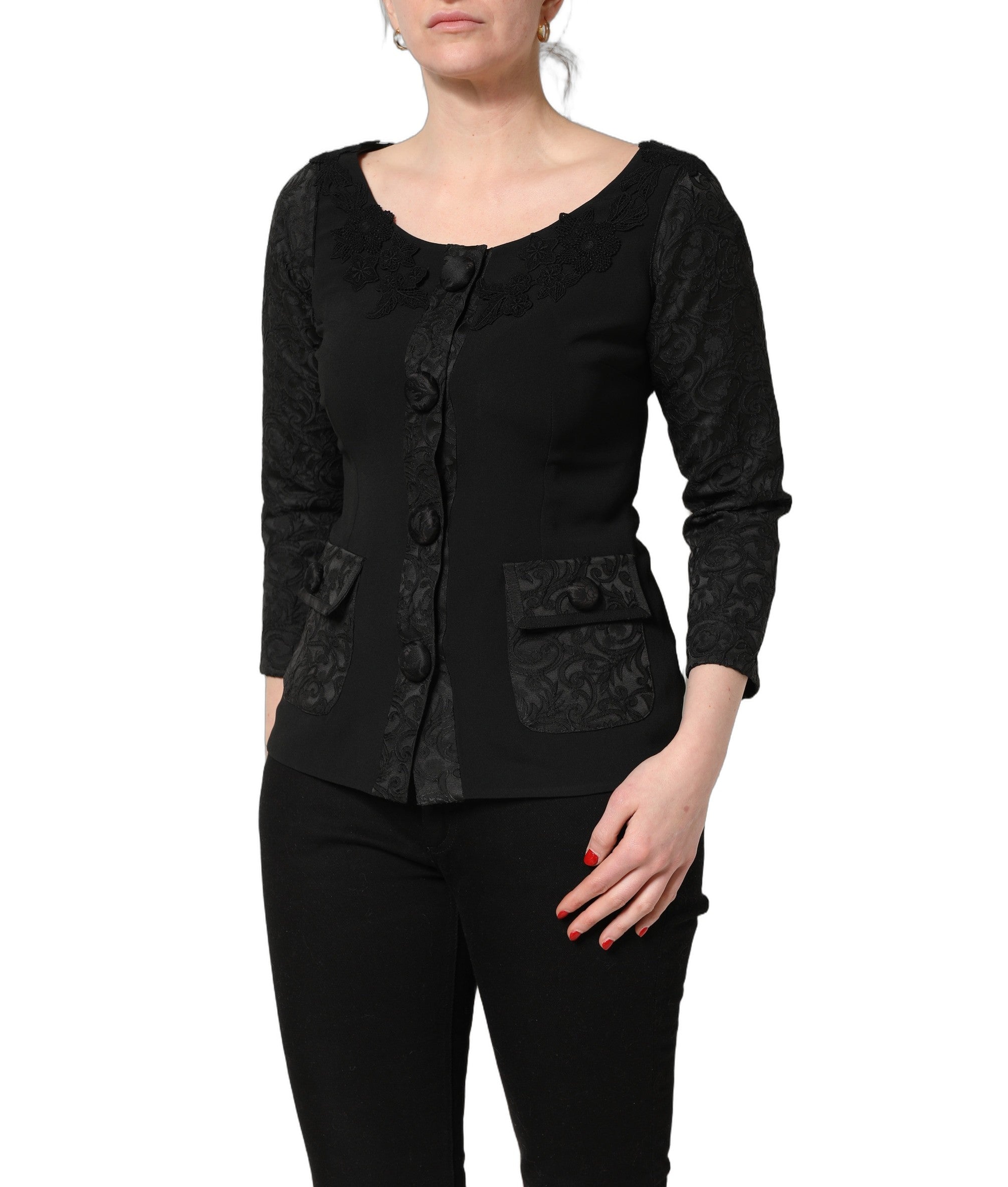 Dolce & Gabbana Black Button Fastening Lace Trimmed Blazer Jacket