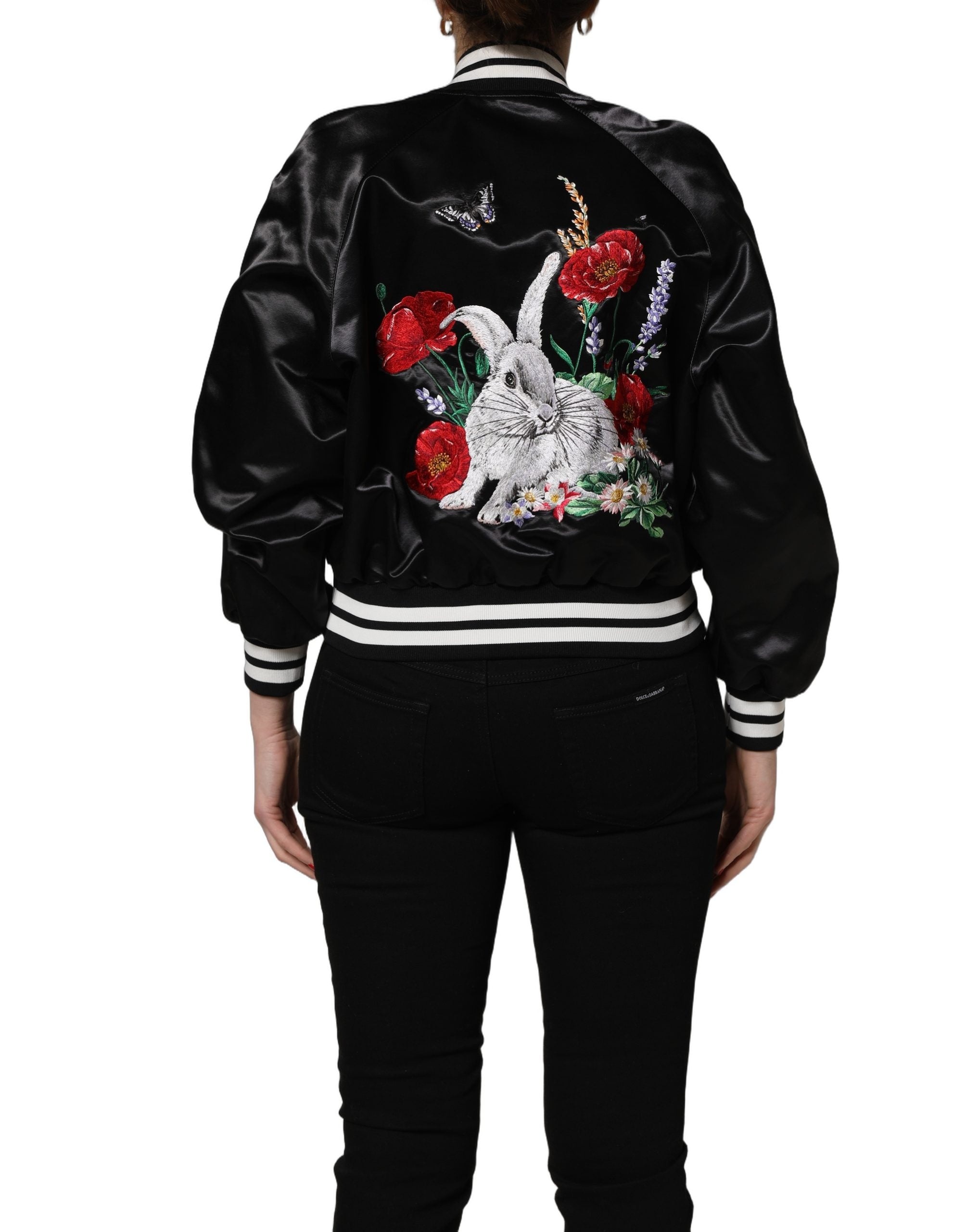 Dolce & Gabbana Black Satin Floral Embroidery Bomber Jacket