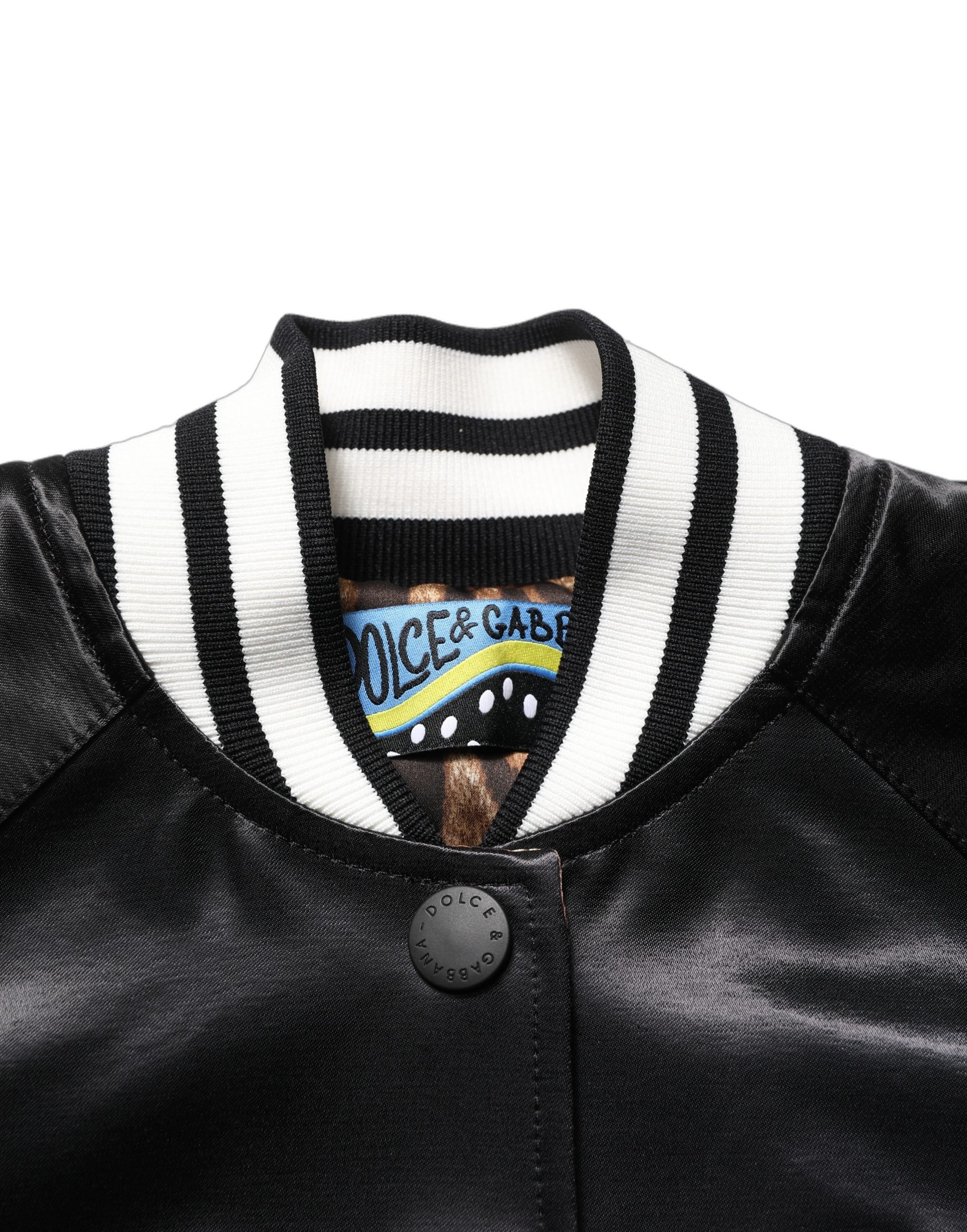 Dolce & Gabbana Black Satin Floral Embroidery Bomber Jacket