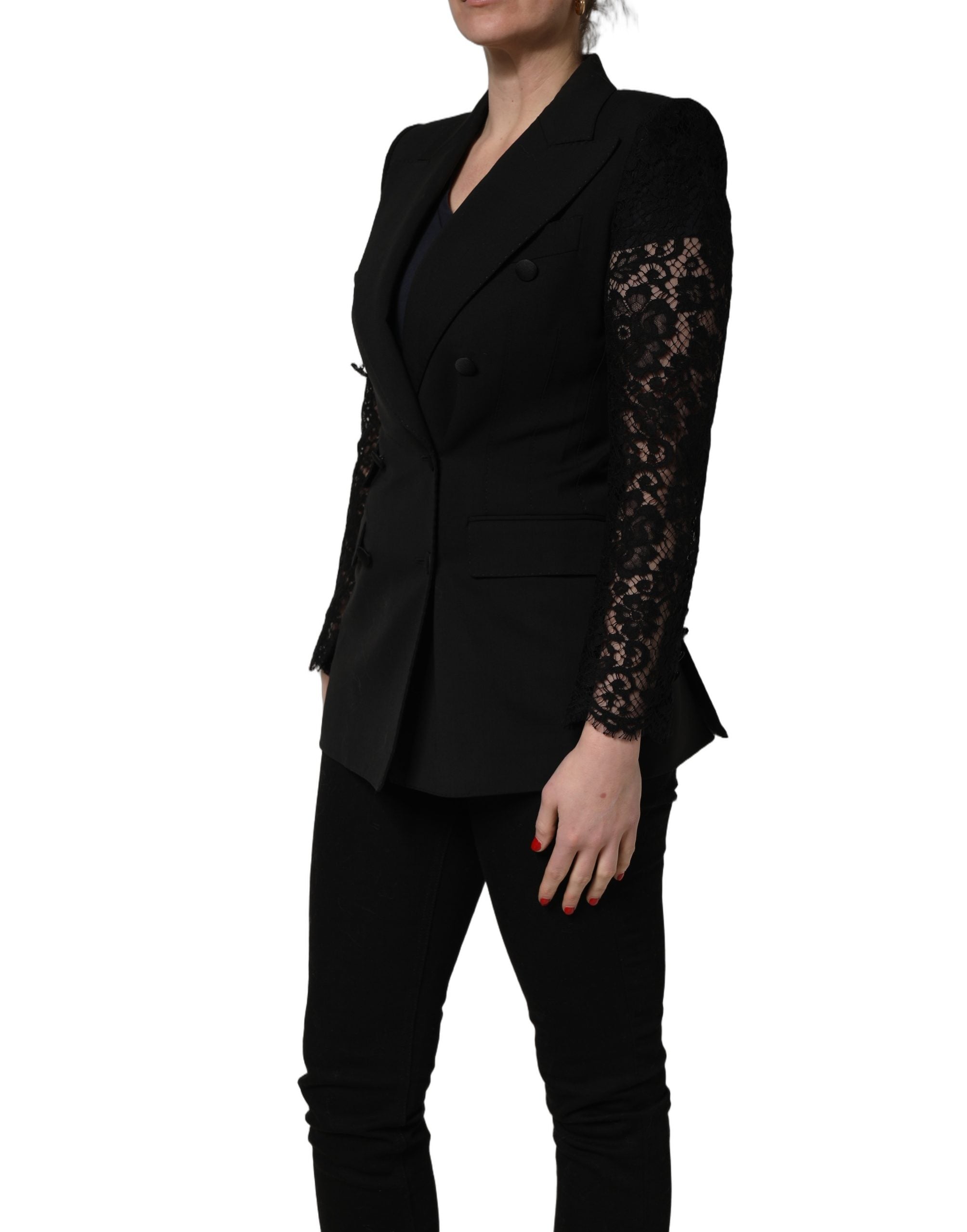 Dolce & Gabbana Black Wool DoubleBreasted Lace Sleeve Jacket
