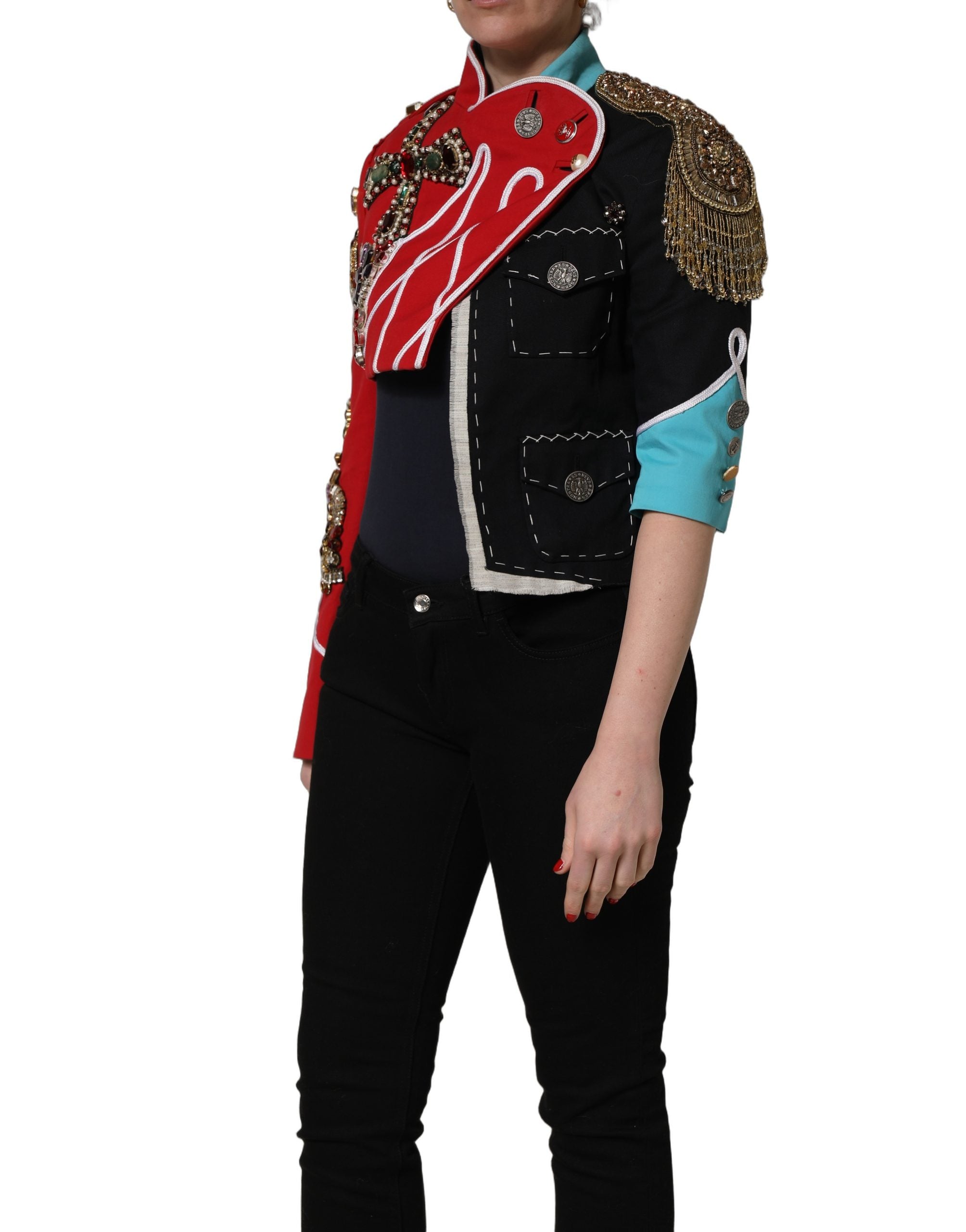 Dolce & Gabbana Multicolor Asymmetrical Ornate Jewel Cropped Jacket