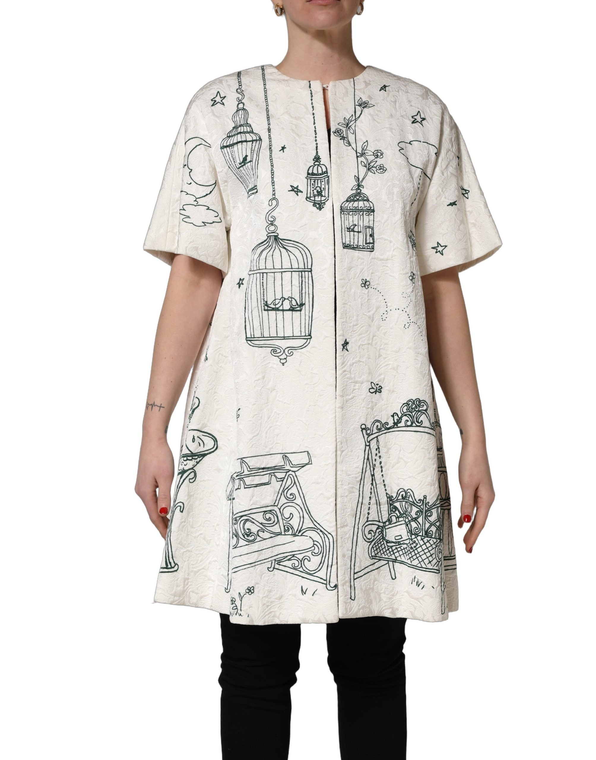 Dolce & Gabbana White Jacquard Garden Print Coat Jacket