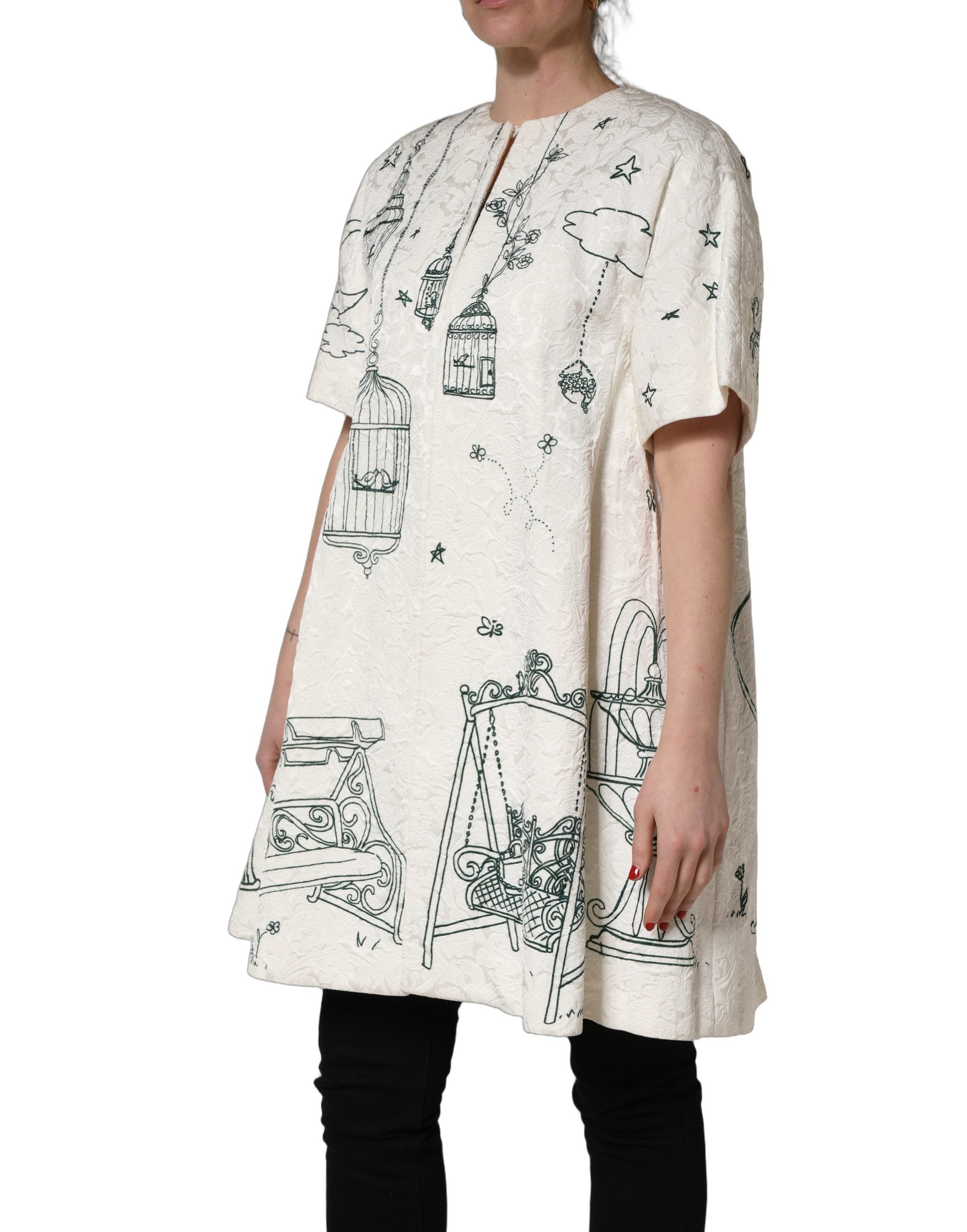 Dolce & Gabbana White Jacquard Garden Print Coat Jacket