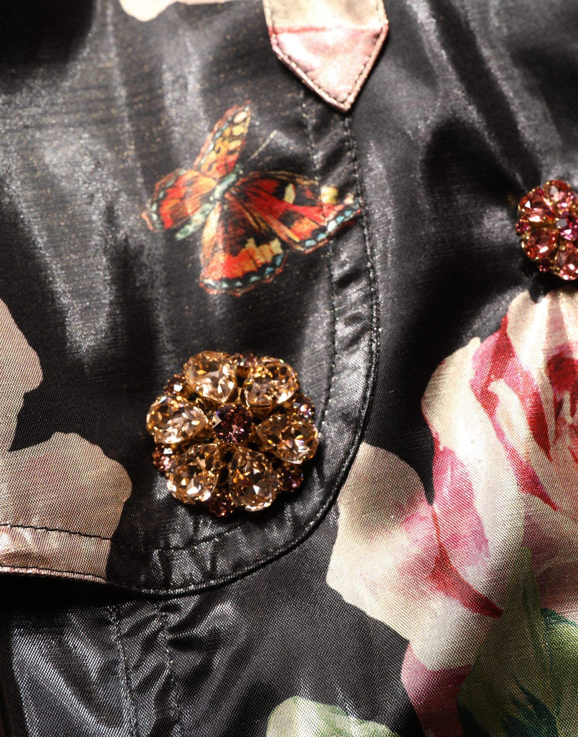 Dolce & Gabbana Black Floral Belted Polyester Trench Coat Jacket