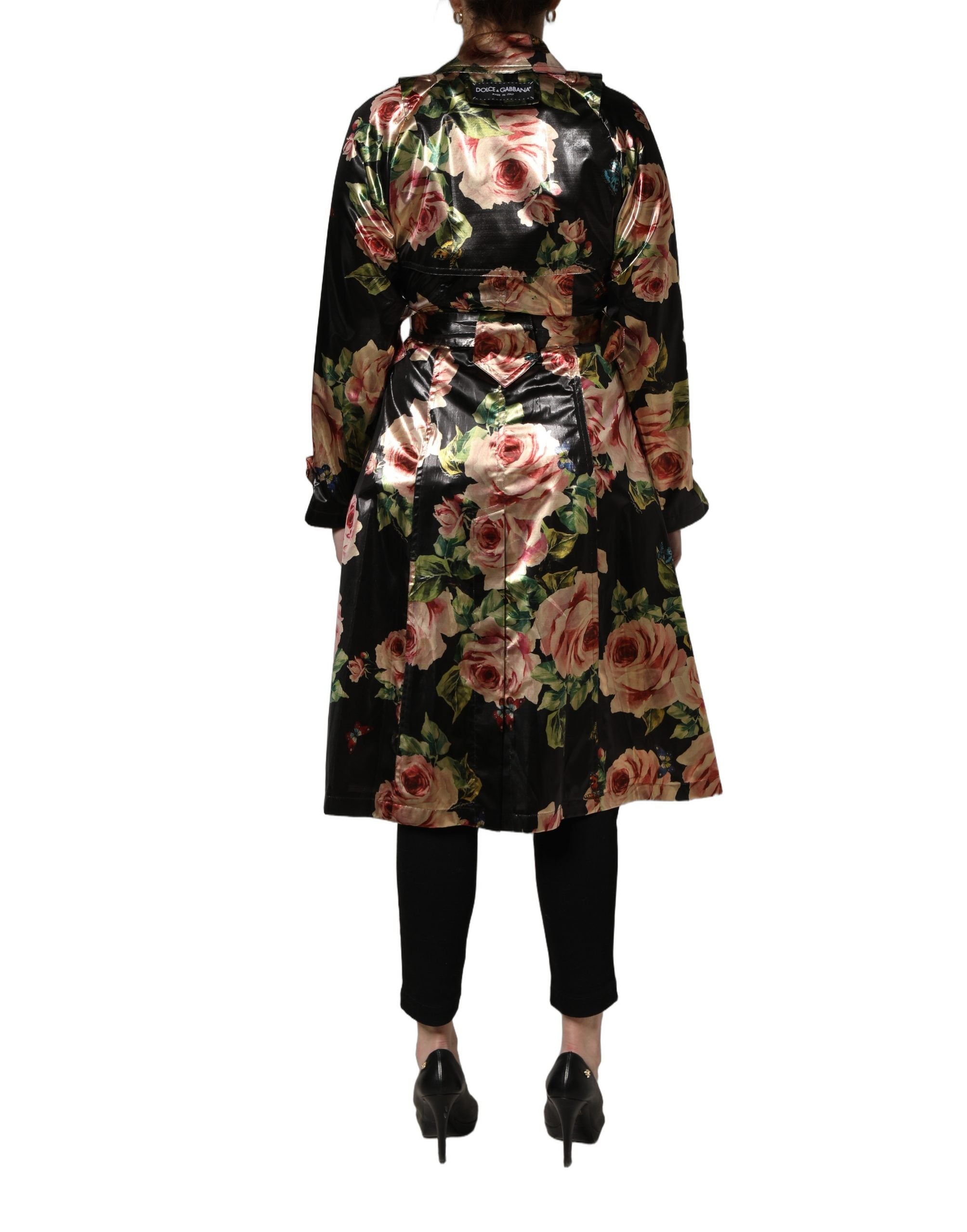 Dolce & Gabbana Black Floral Belted Polyester Trench Coat Jacket