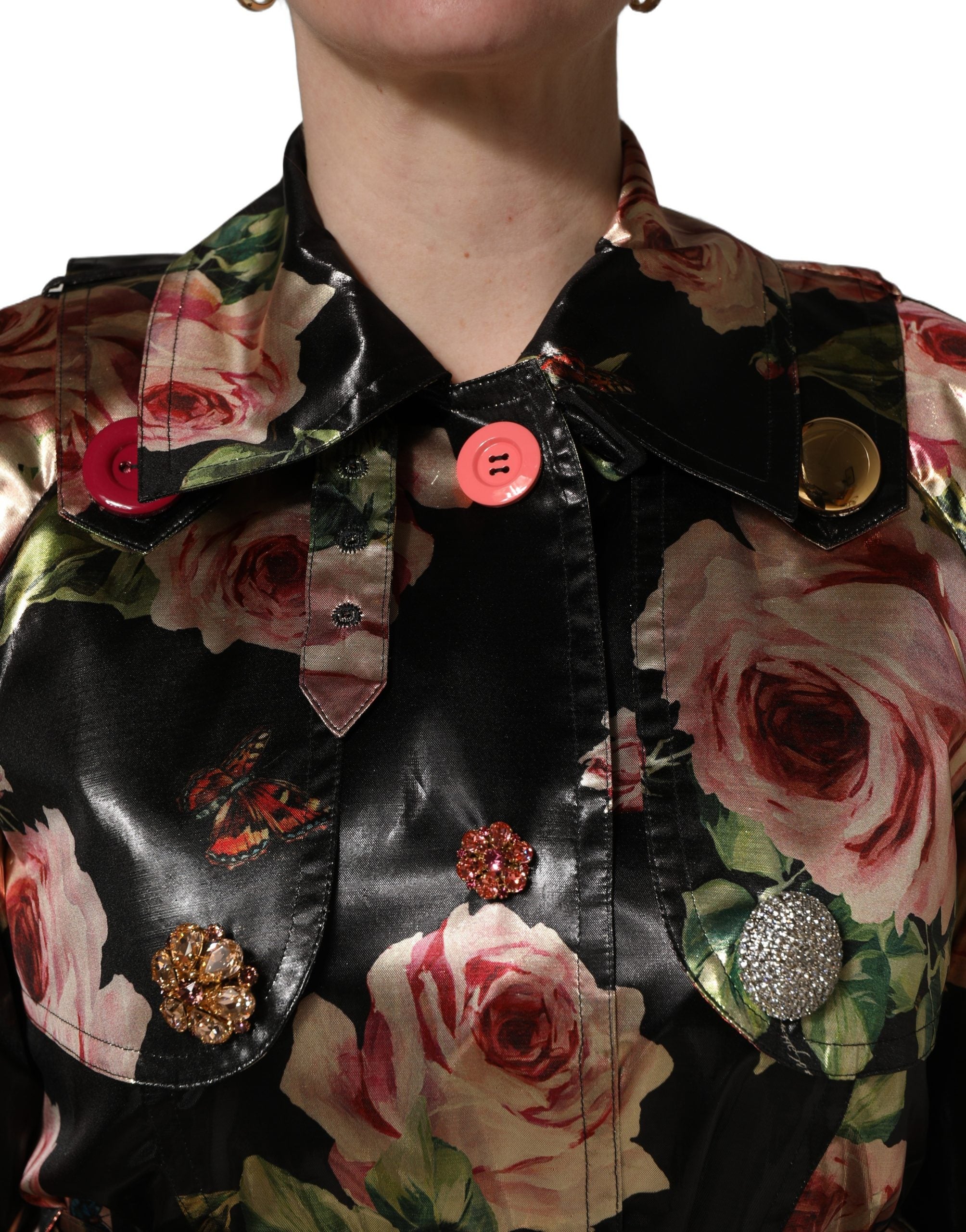 Dolce & Gabbana Black Floral Belted Polyester Trench Coat Jacket