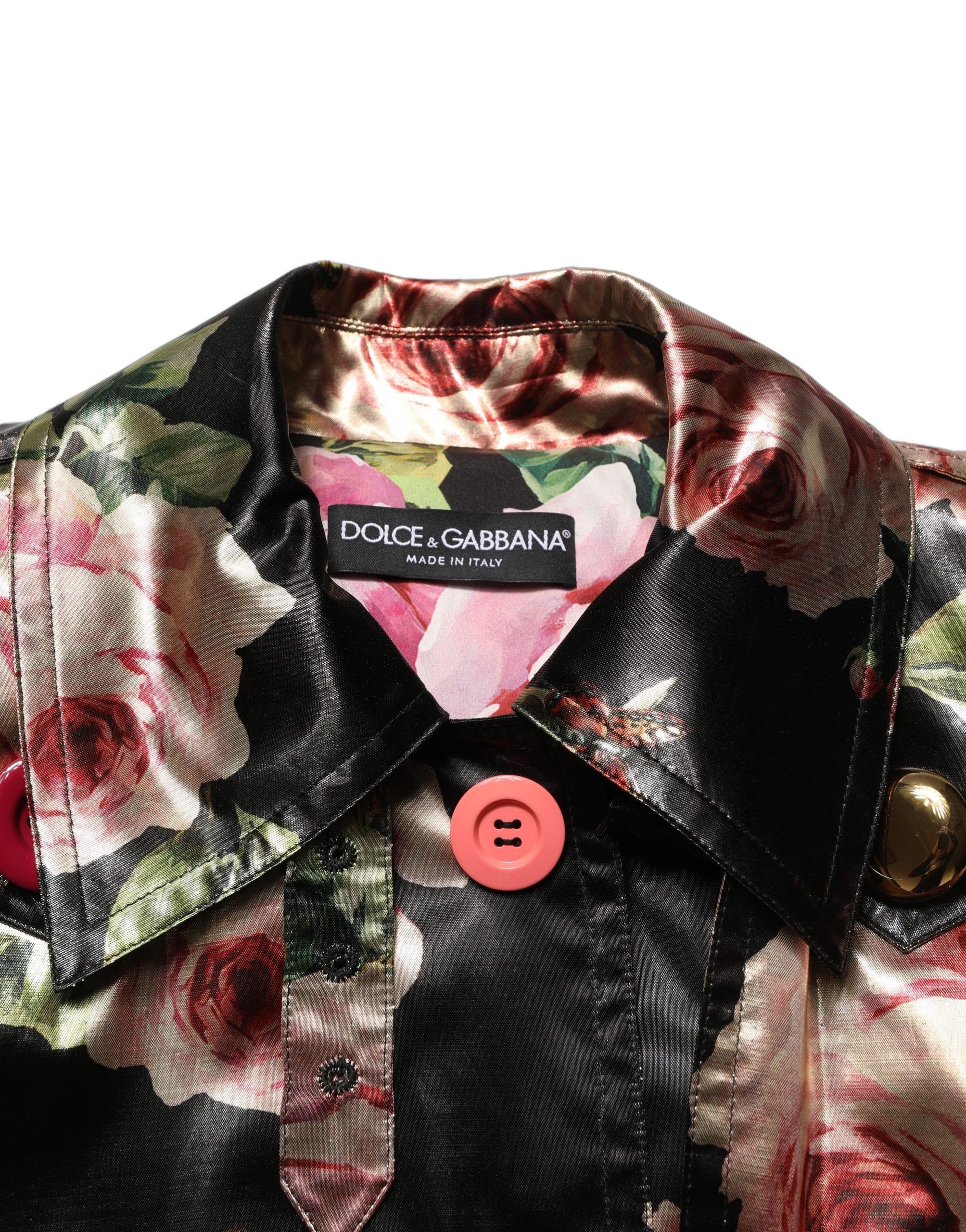 Dolce & Gabbana Black Floral Belted Polyester Trench Coat Jacket