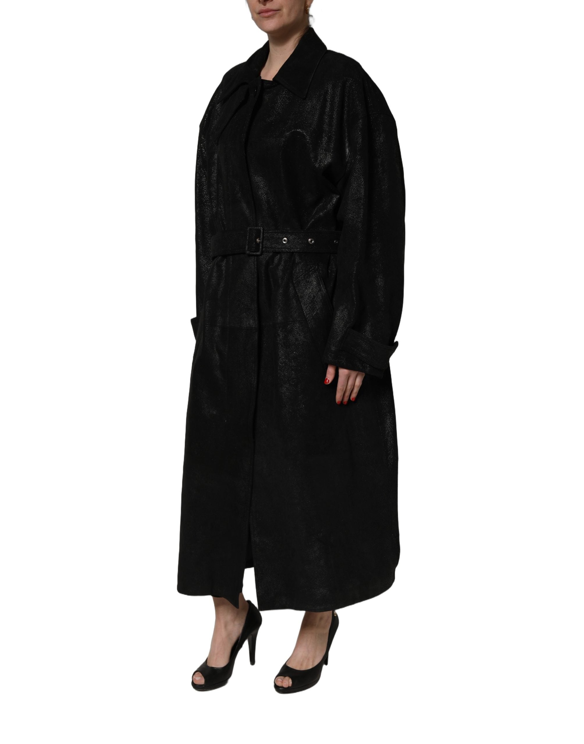 Dolce & Gabbana Black Belted Sheepskin Trench Coat Jacket