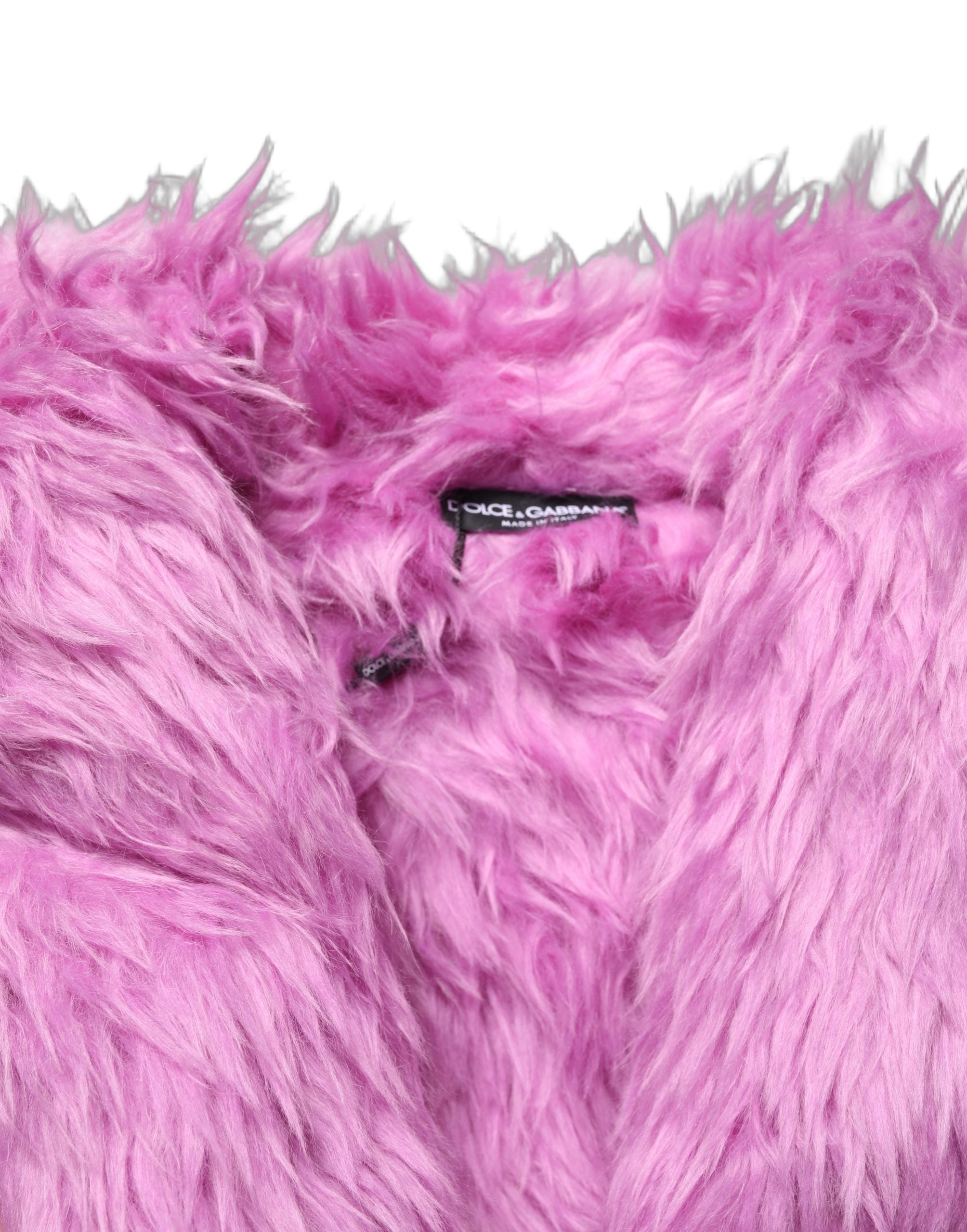 Dolce & Gabbana Pink Plush Faux Fur Gold Leather Coat Jacket