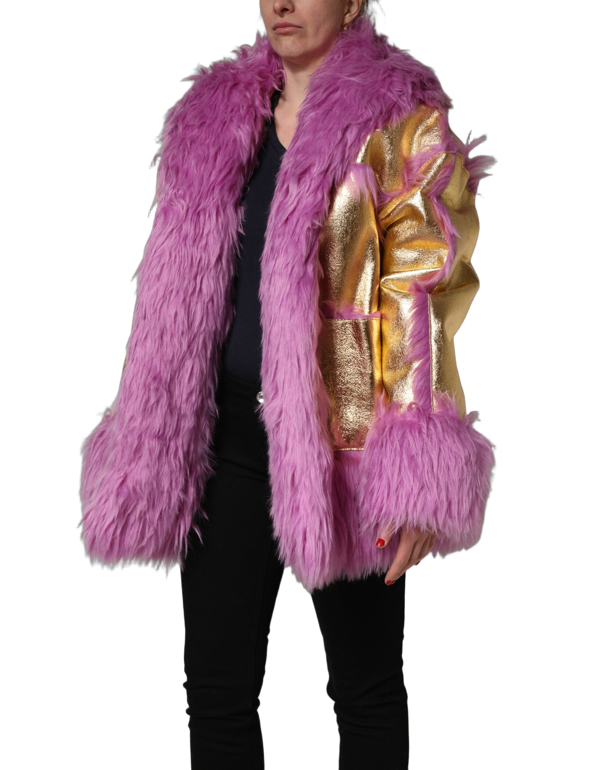 Dolce & Gabbana Pink Plush Faux Fur Gold Leather Coat Jacket