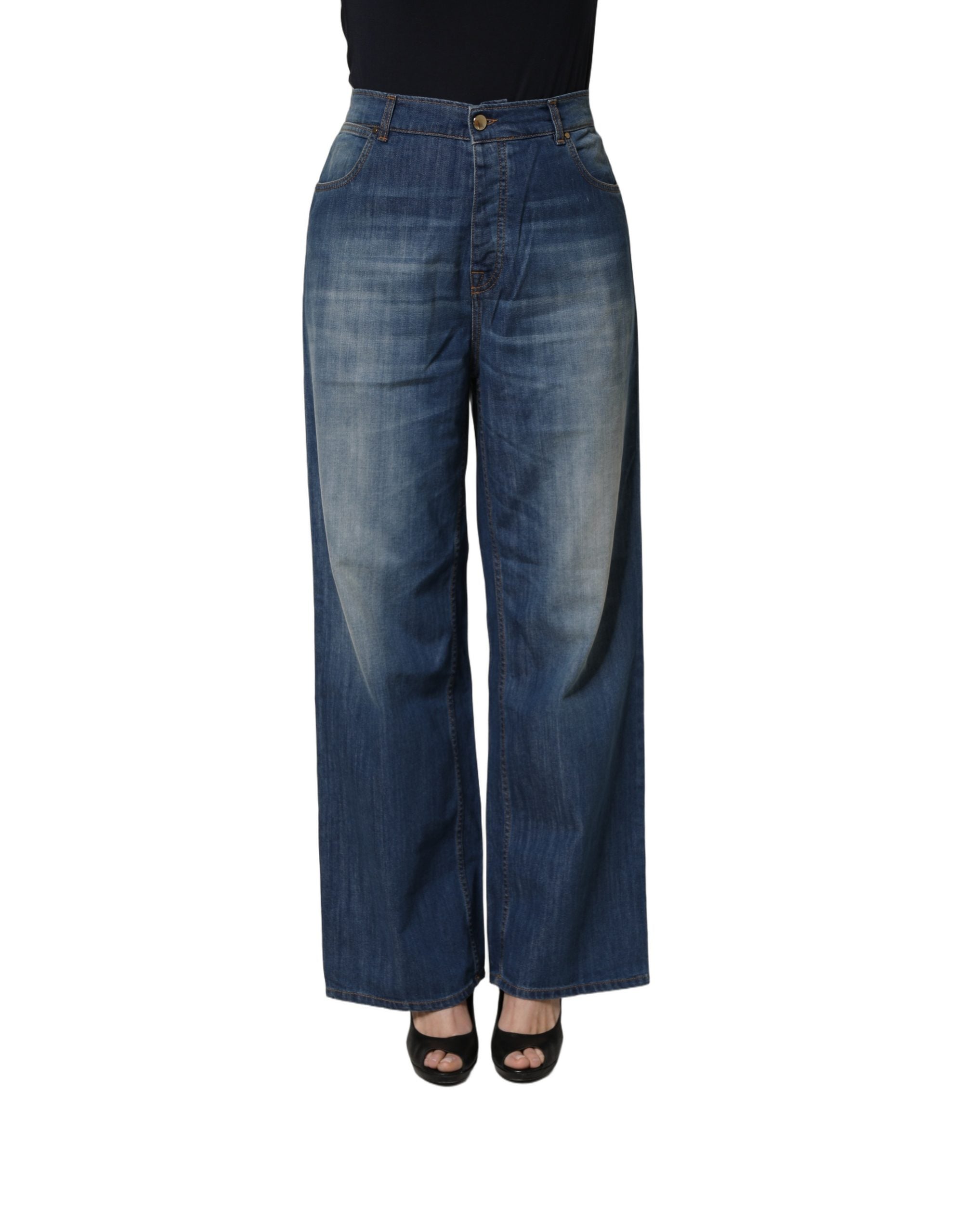 PINKO Blue Washed High Waist Wide Leg Denim Cotton Stretch Jeans