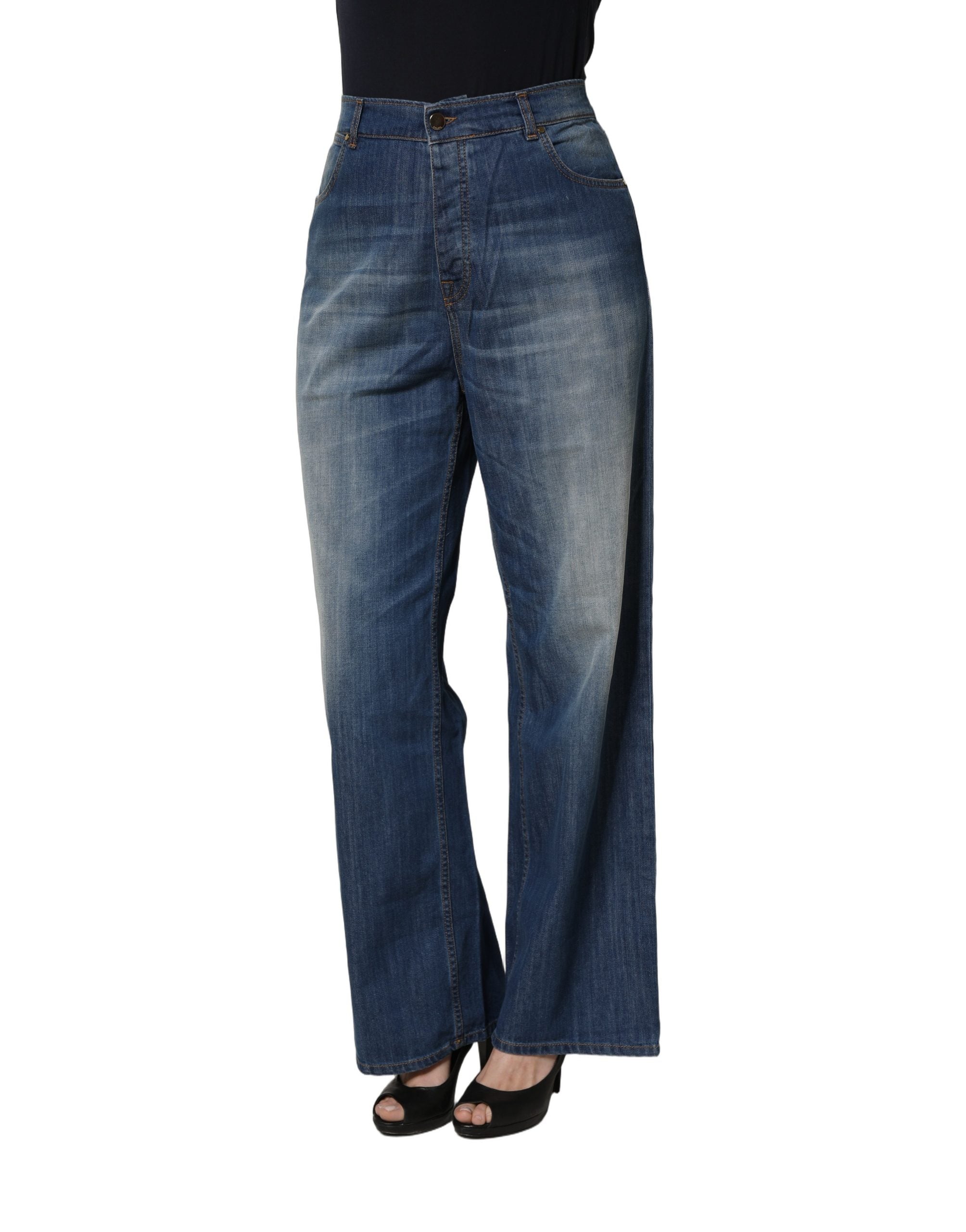 PINKO Blue Washed High Waist Wide Leg Denim Cotton Stretch Jeans