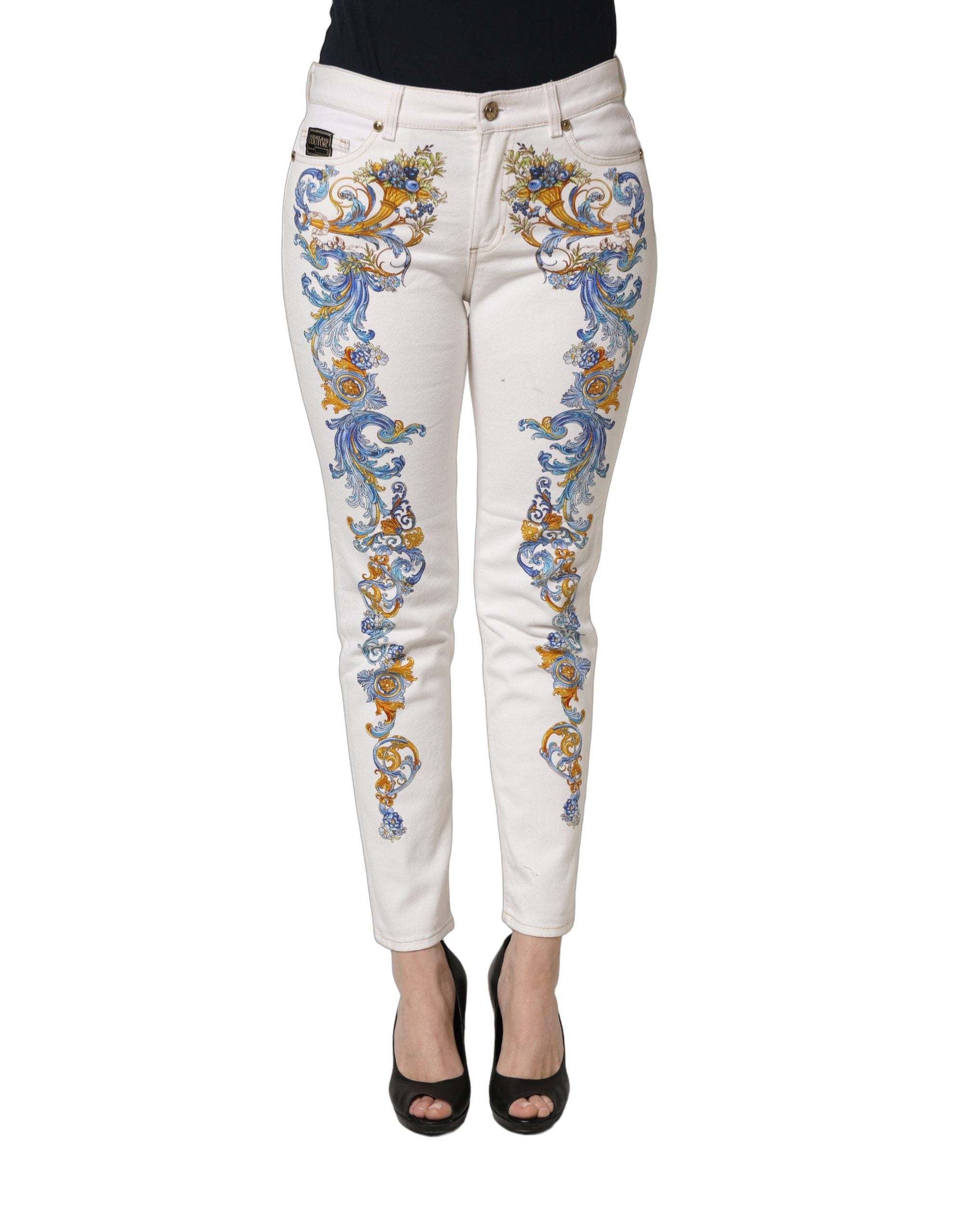 Versace Jeans Couture White Floral Print Skinny Denim Jeans