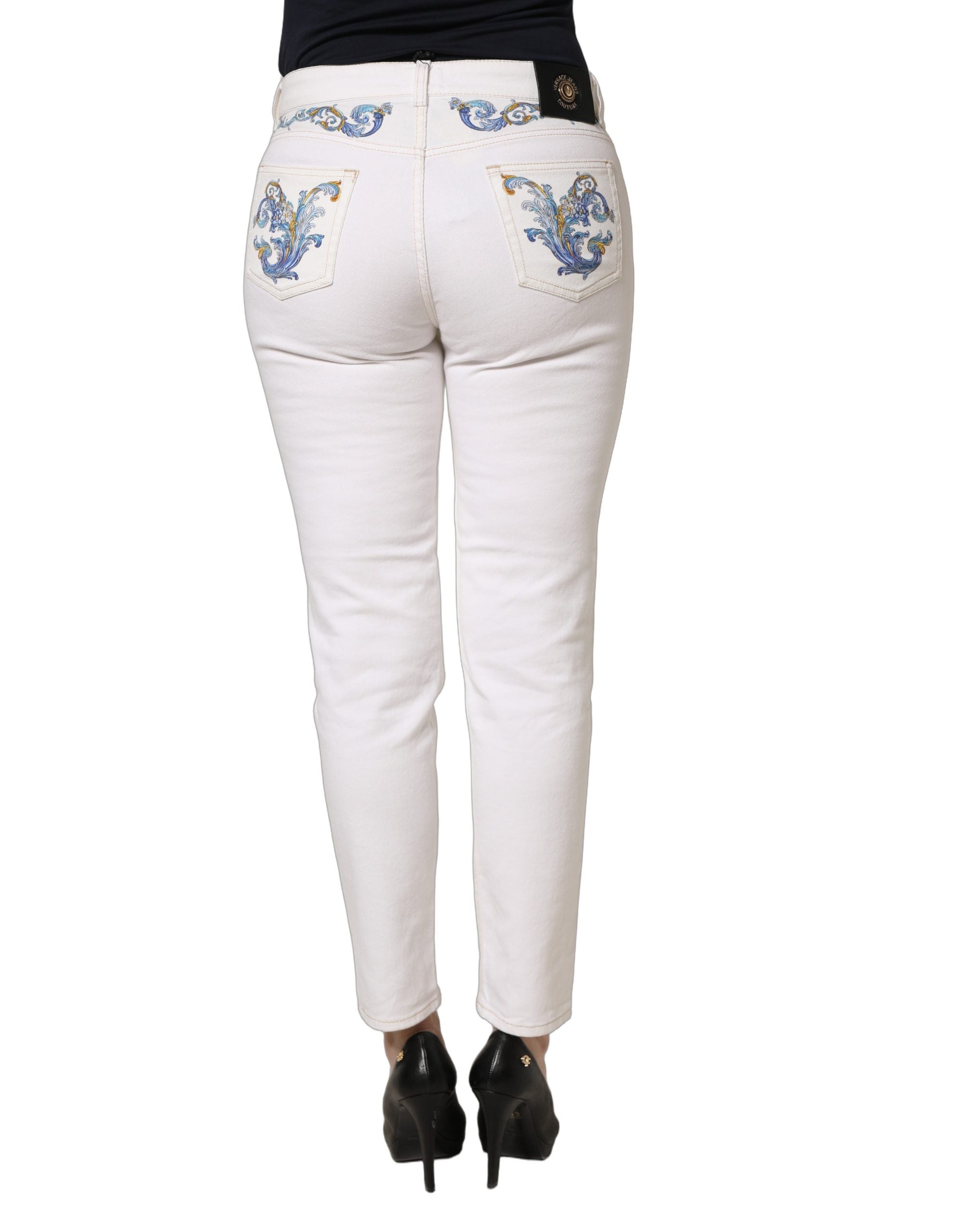Versace Jeans Couture White Floral Print Skinny Denim Jeans