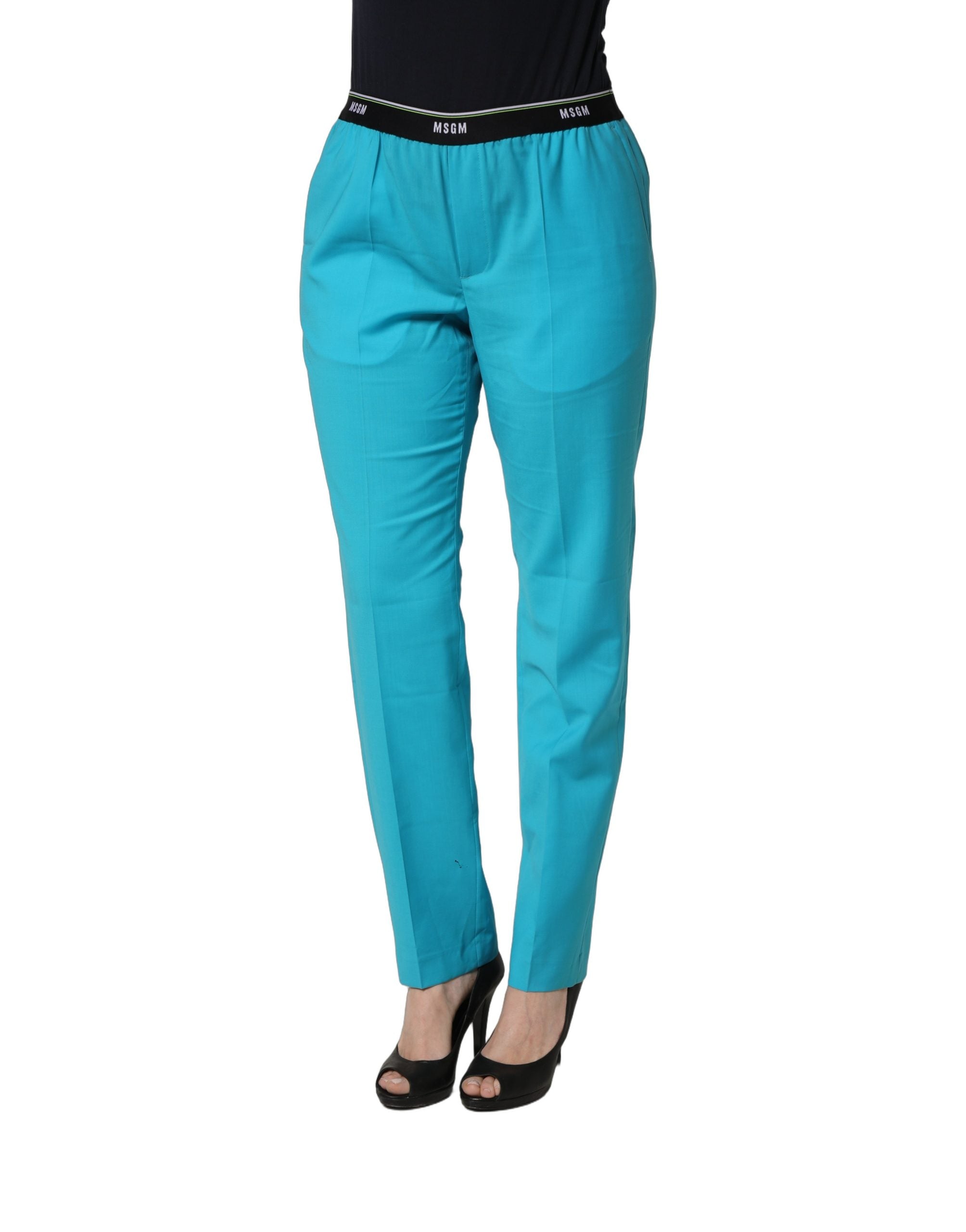 MSGM Blue Wool Mid Waist Tapered Women Trouser Pants