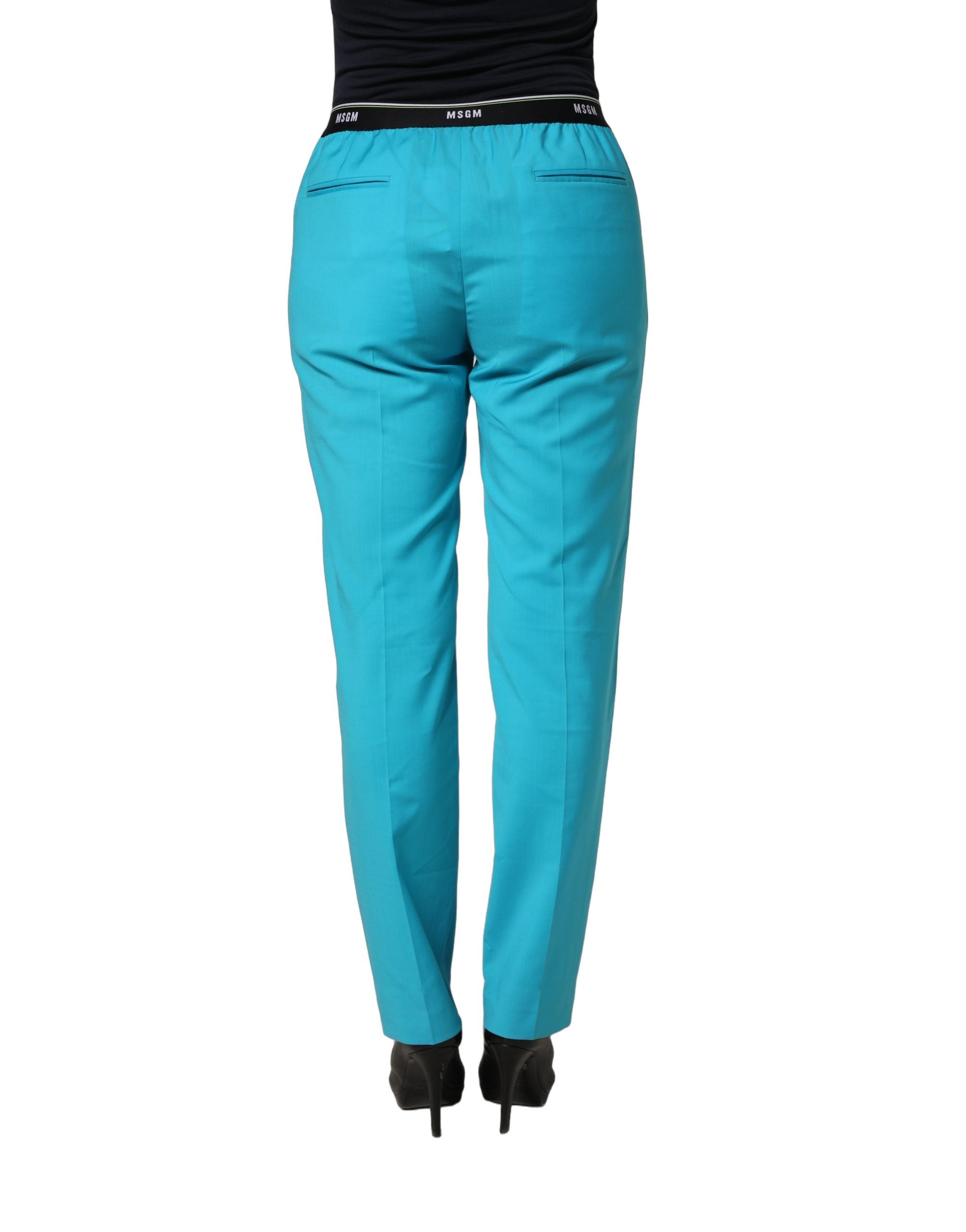 MSGM Blue Wool Mid Waist Tapered Women Trouser Pants