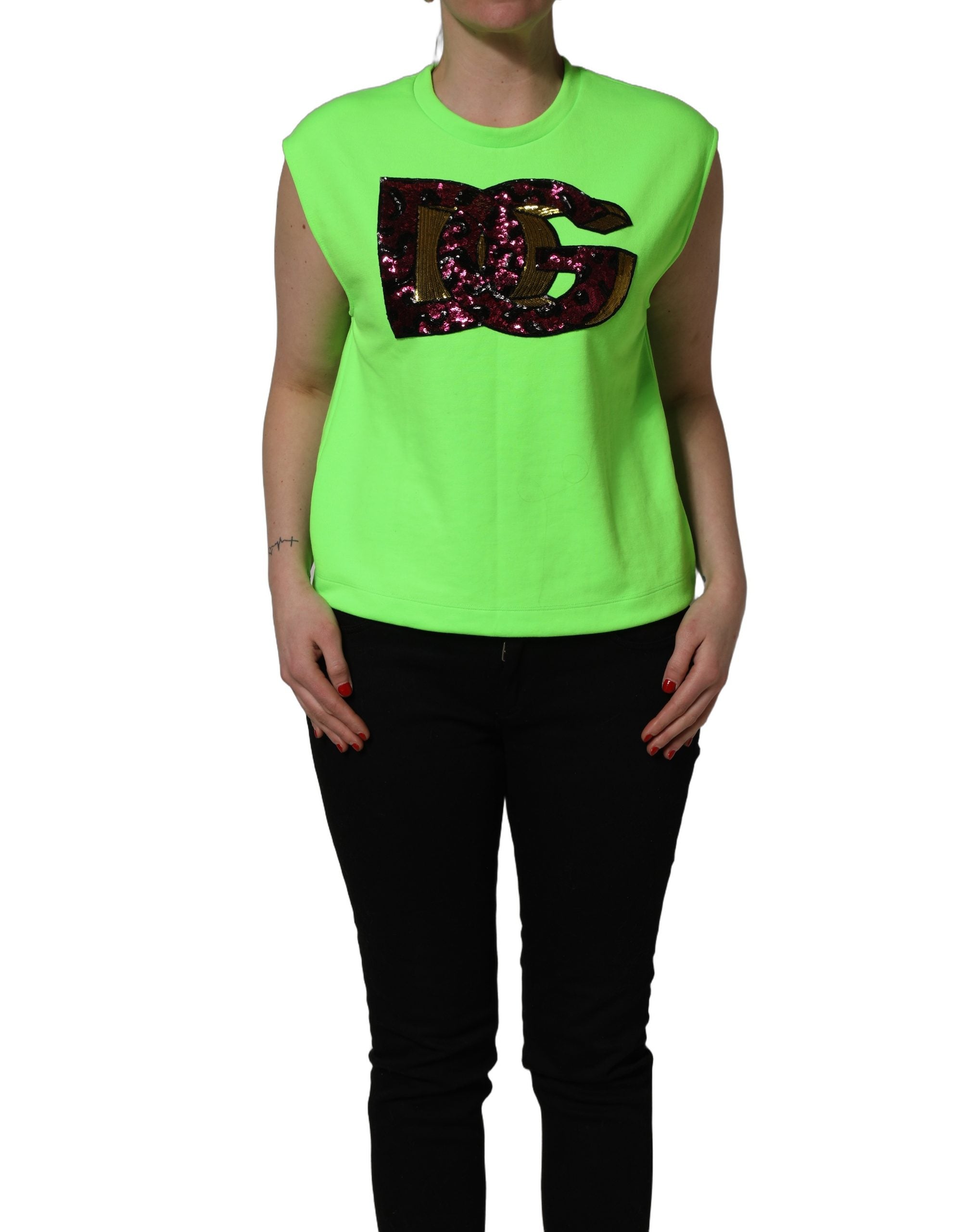 Dolce & Gabbana Neon Green DG Sequined Sleeveless Jersey Top