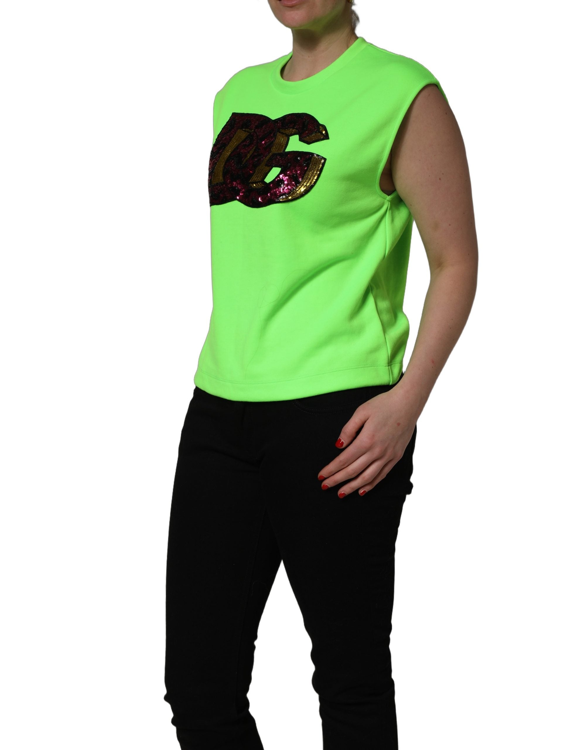 Dolce & Gabbana Neon Green DG Sequined Sleeveless Jersey Top