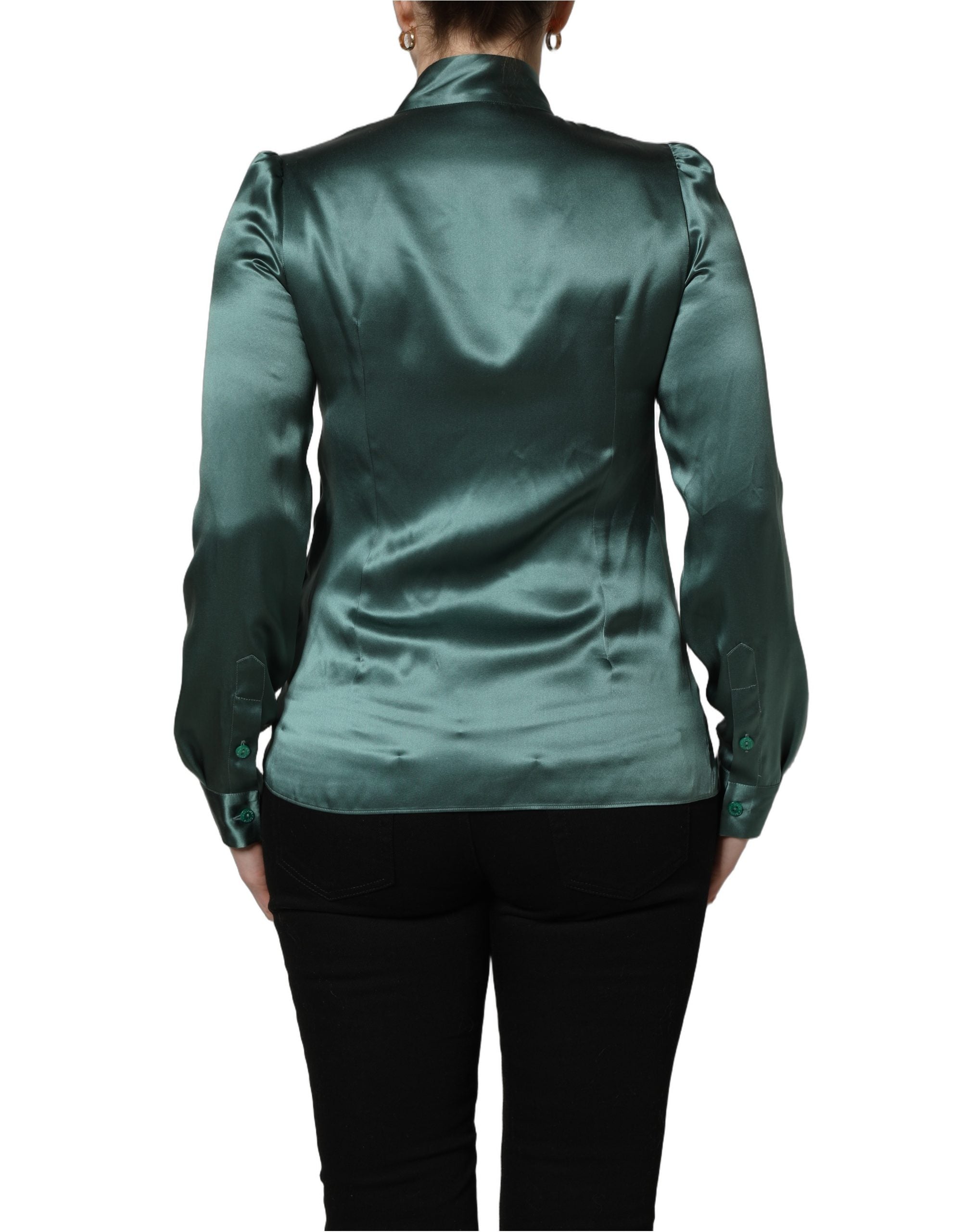 Dolce & Gabbana Dark Green Silk Satin Blouse Neck Tie Top