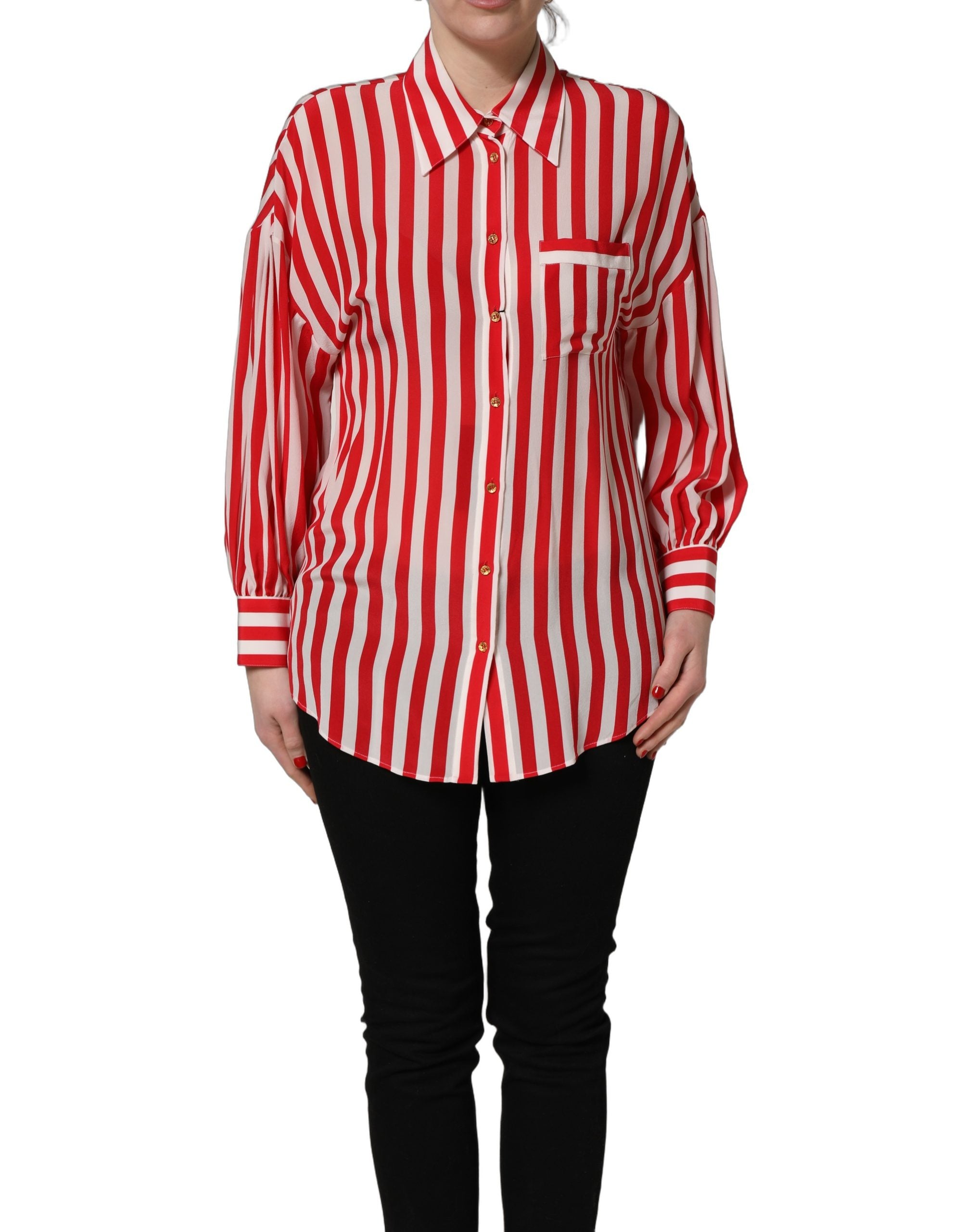 Dolce & Gabbana Red White Striped Long Sleeve Silk Blouse Top