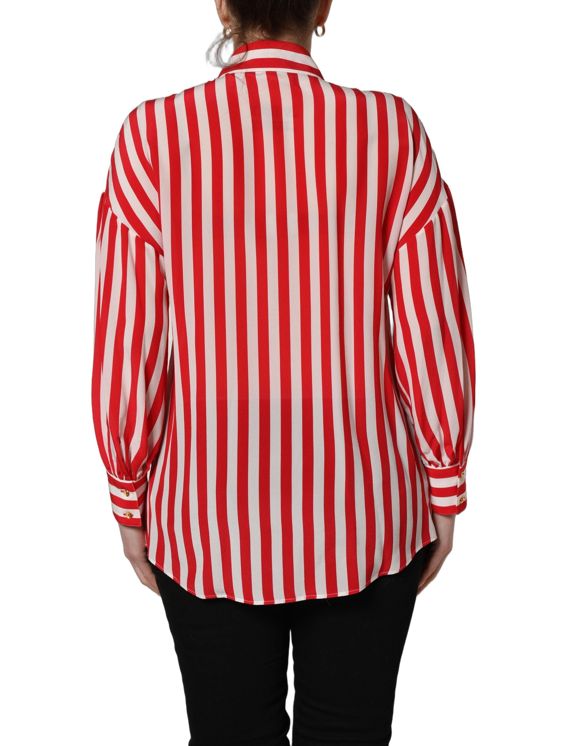 Dolce & Gabbana Red White Striped Long Sleeve Silk Blouse Top