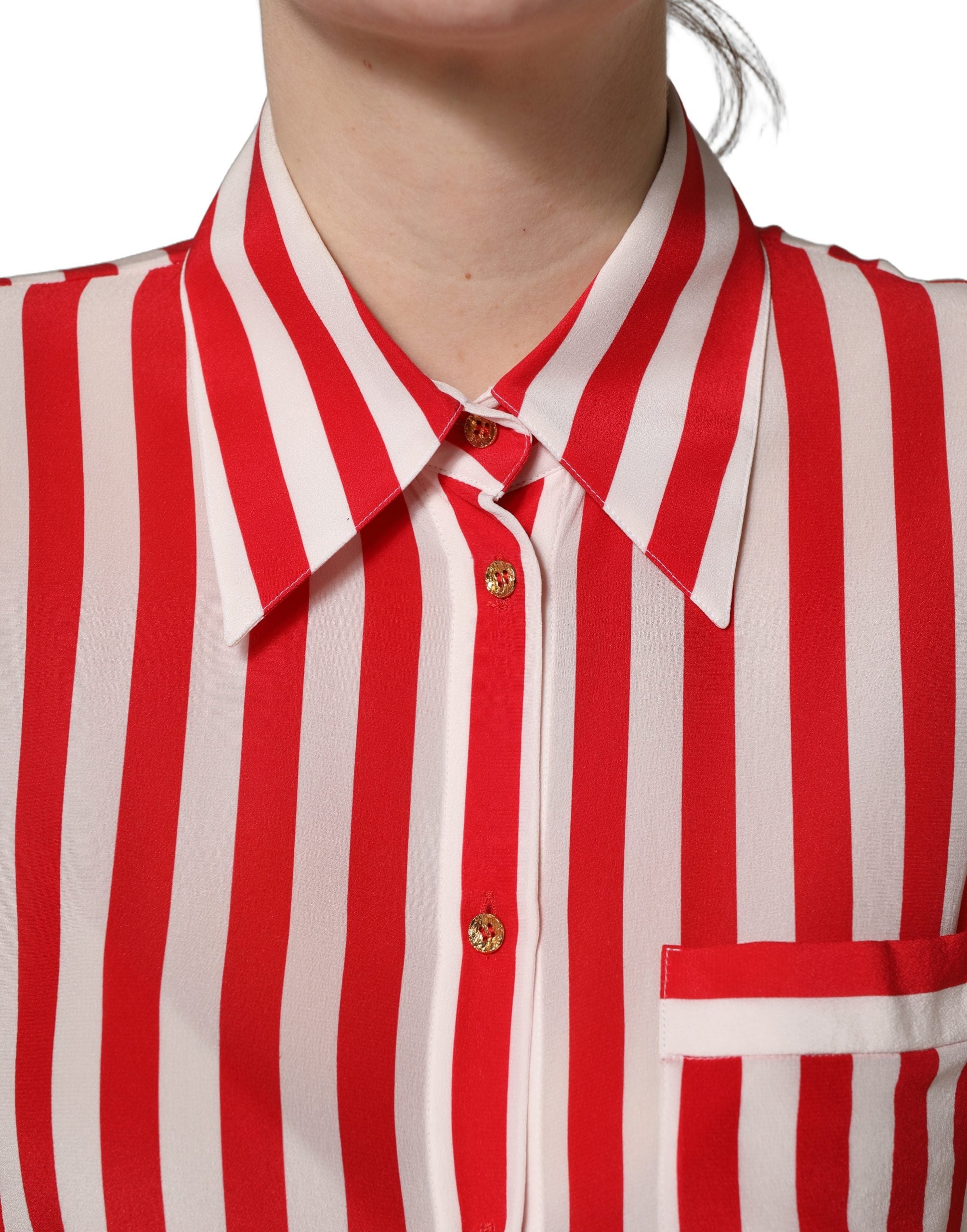 Dolce & Gabbana Red White Striped Long Sleeve Silk Blouse Top
