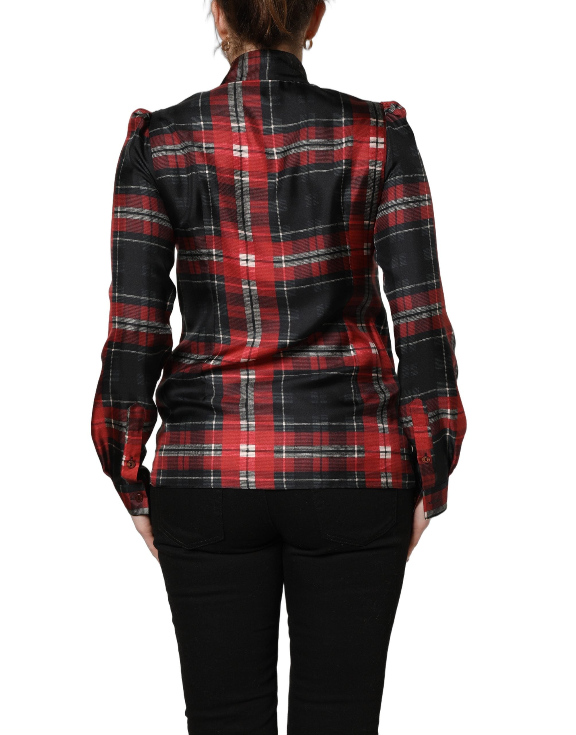 Dolce & Gabbana Red Black Plaid Silk Tie-Neck Blouse Top